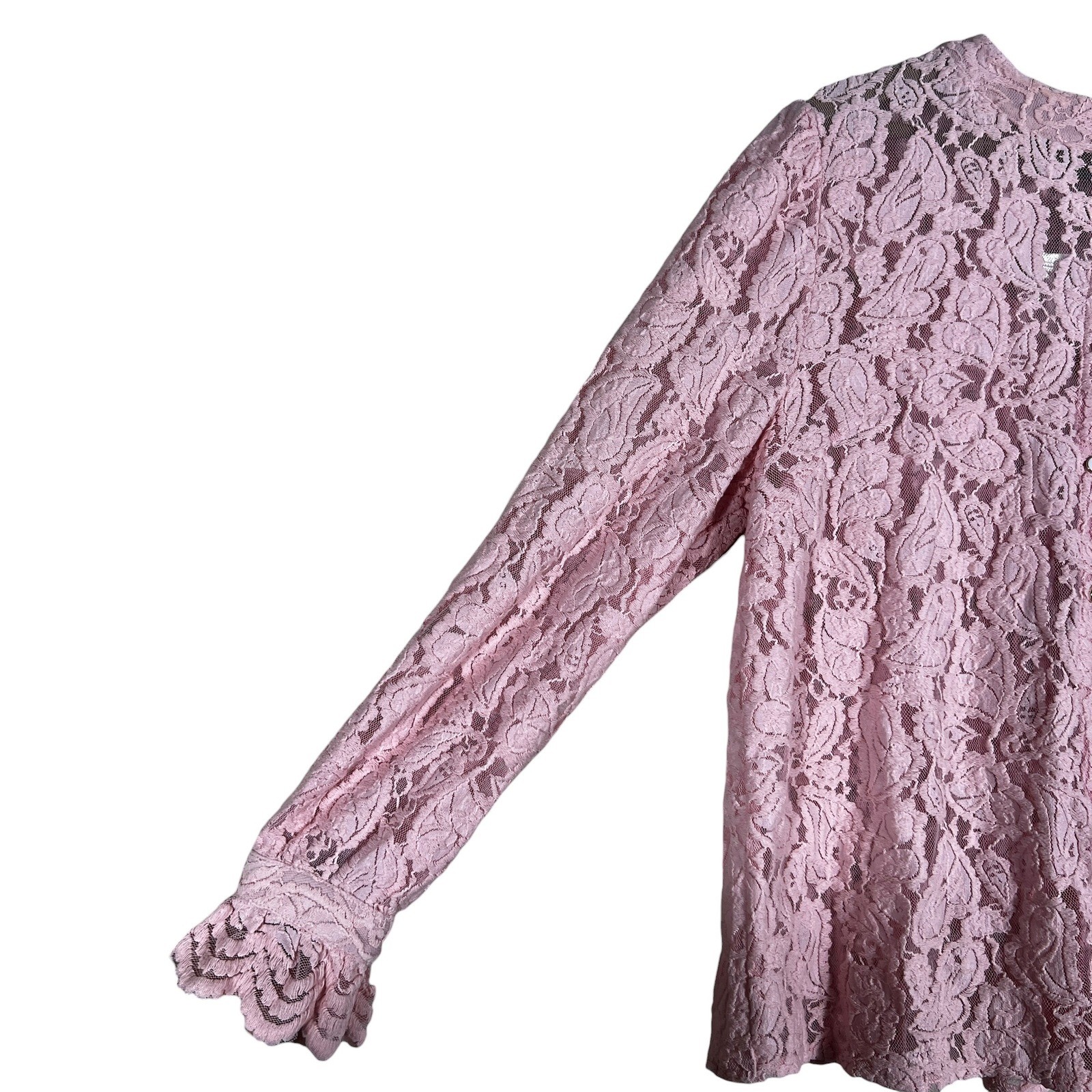 NWT PrettyGarden Floral Lace Button Front Blouse Pink Romantic Ruffle Size L