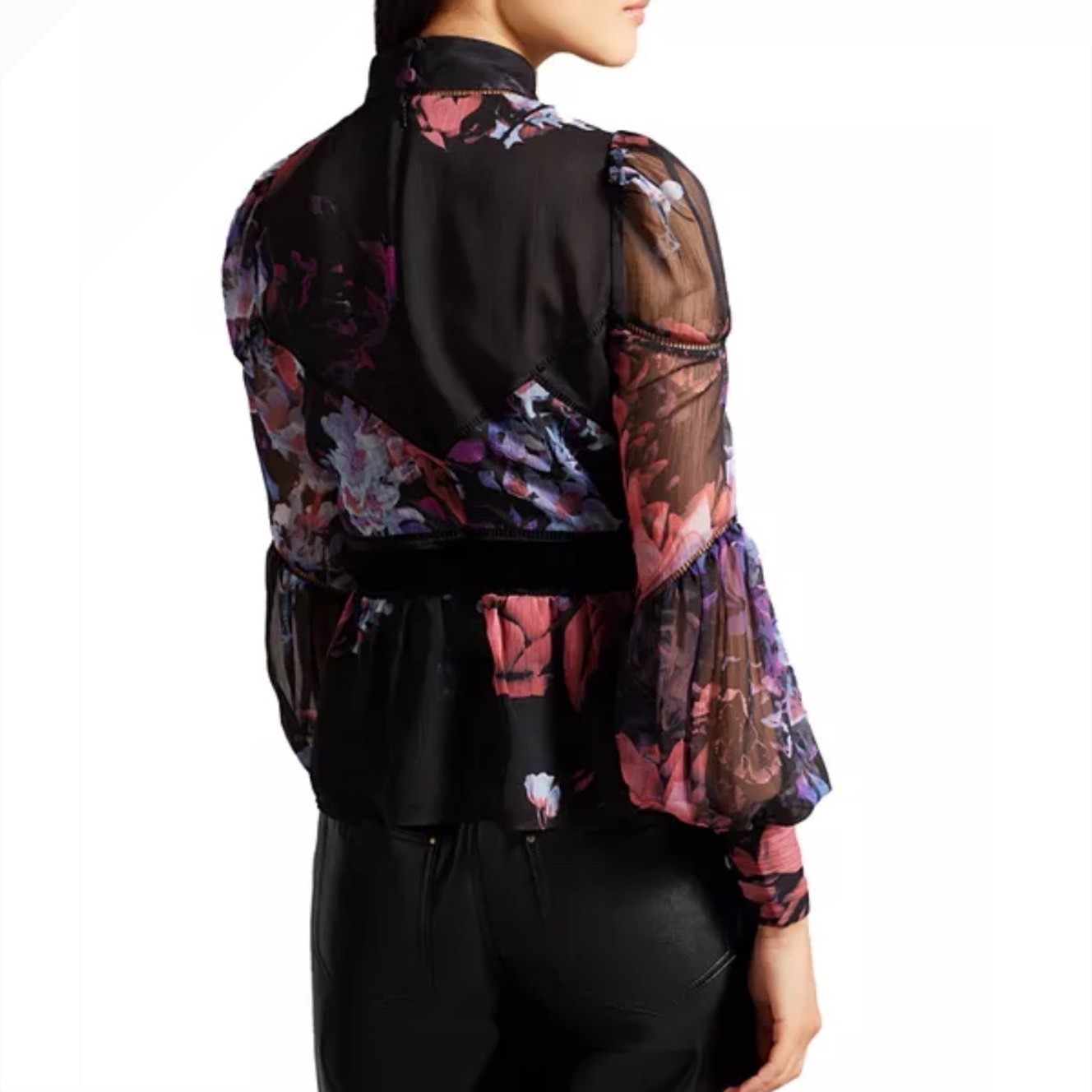 New Ted Baker London Neeveh Floral Ladder Trim Velvet Top Black Mock Neck Sz 4
