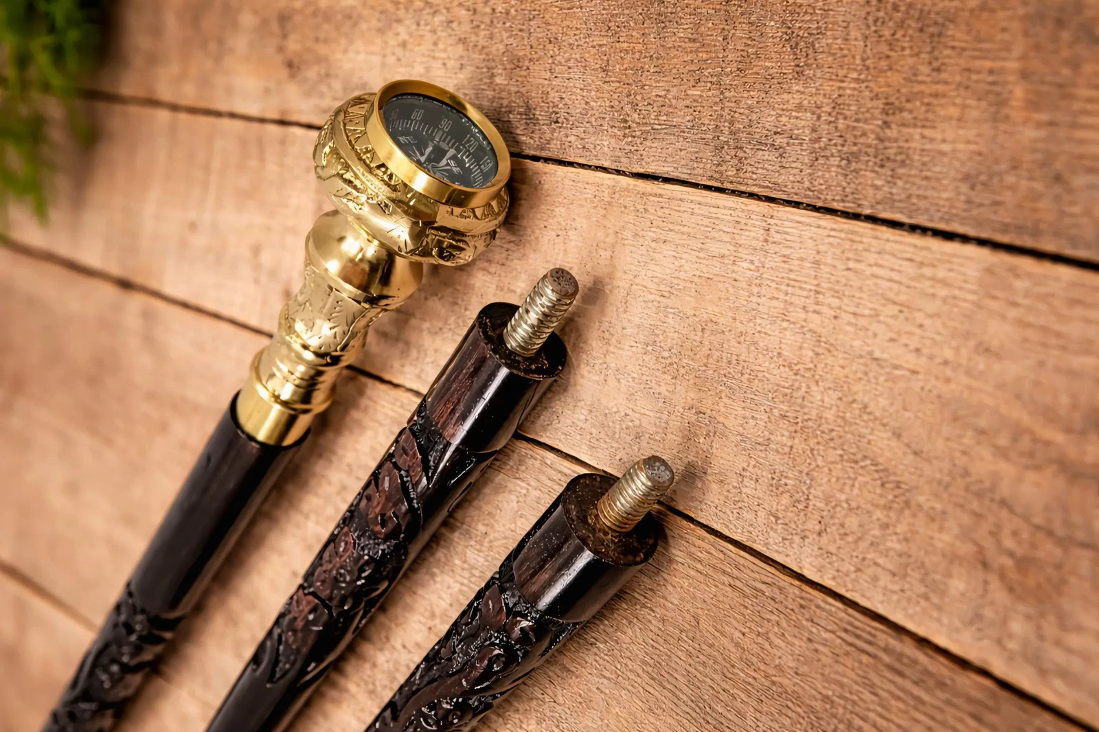Hand Carved Floral Design Wooden Cane Vintage Brass Compass Handle Walking Stick