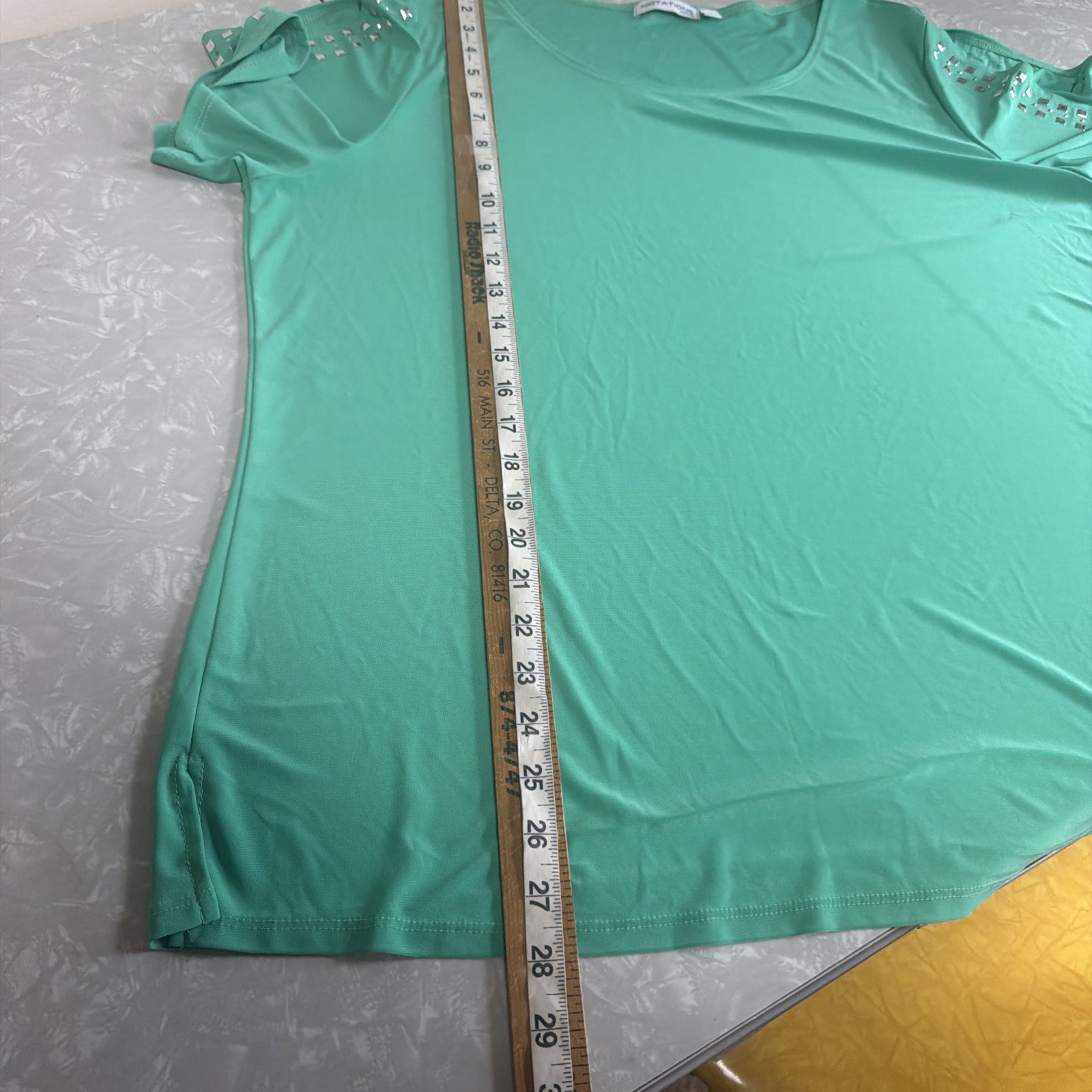 Notations Bright Green Silky Jersey Knit Tunic Top Cold Shoulder Studded Sz 2X