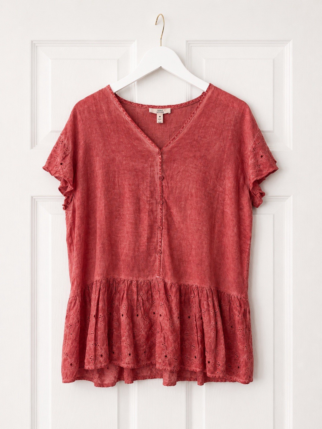 Como Vintage Women’s Pink Eyelet Ruffle V-Neck Flutter Sleeve Button Blouse M