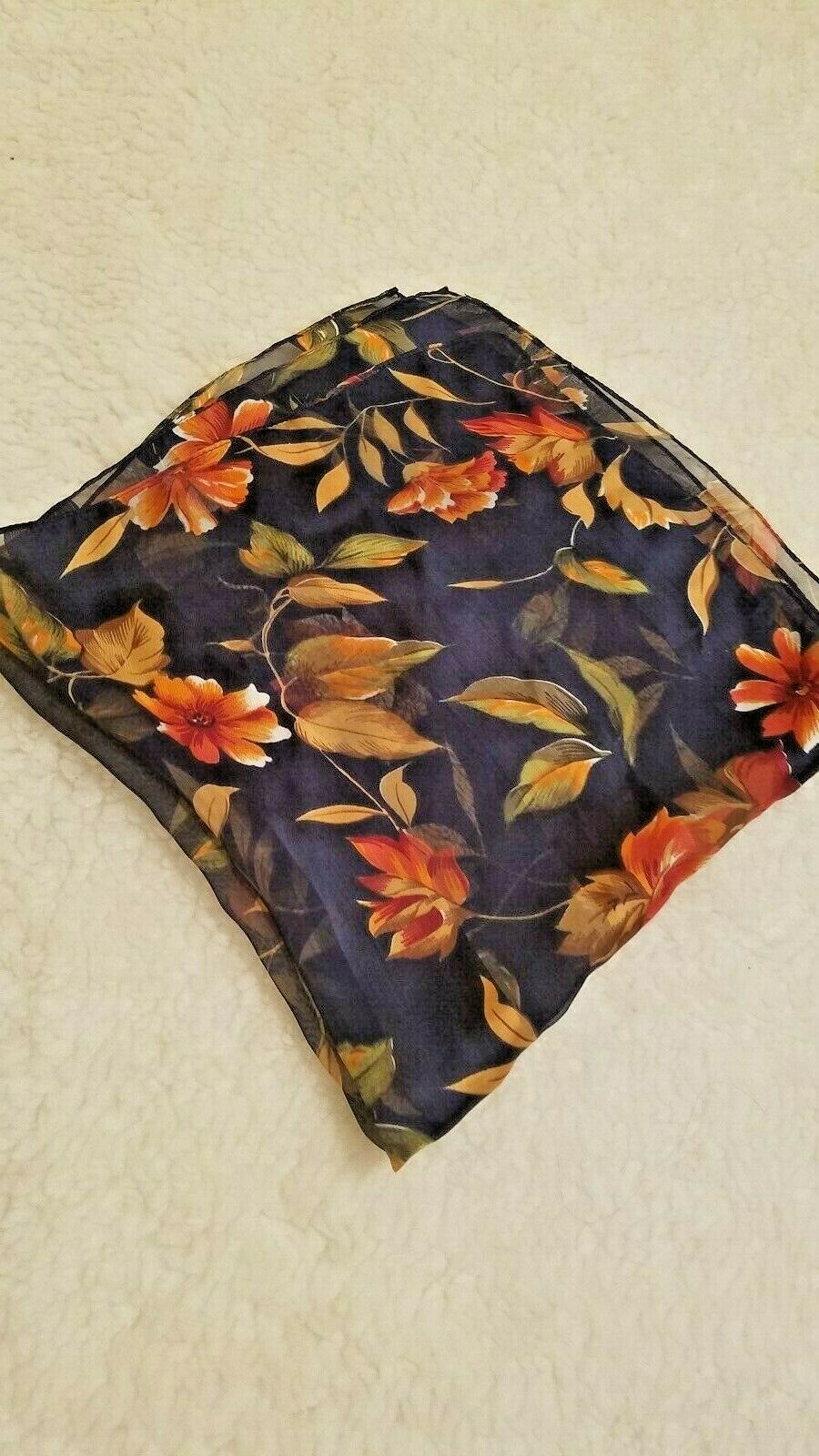 Womens Square Scarf Black Tan Orange Floral Fall Autumn 20×20