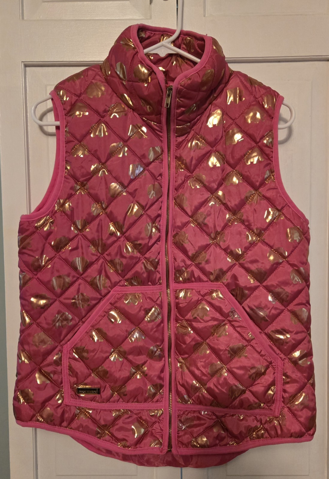 Simply Southern Womens Size M Pink Gold Elephant Puffer Zip Vest Pockets 1M