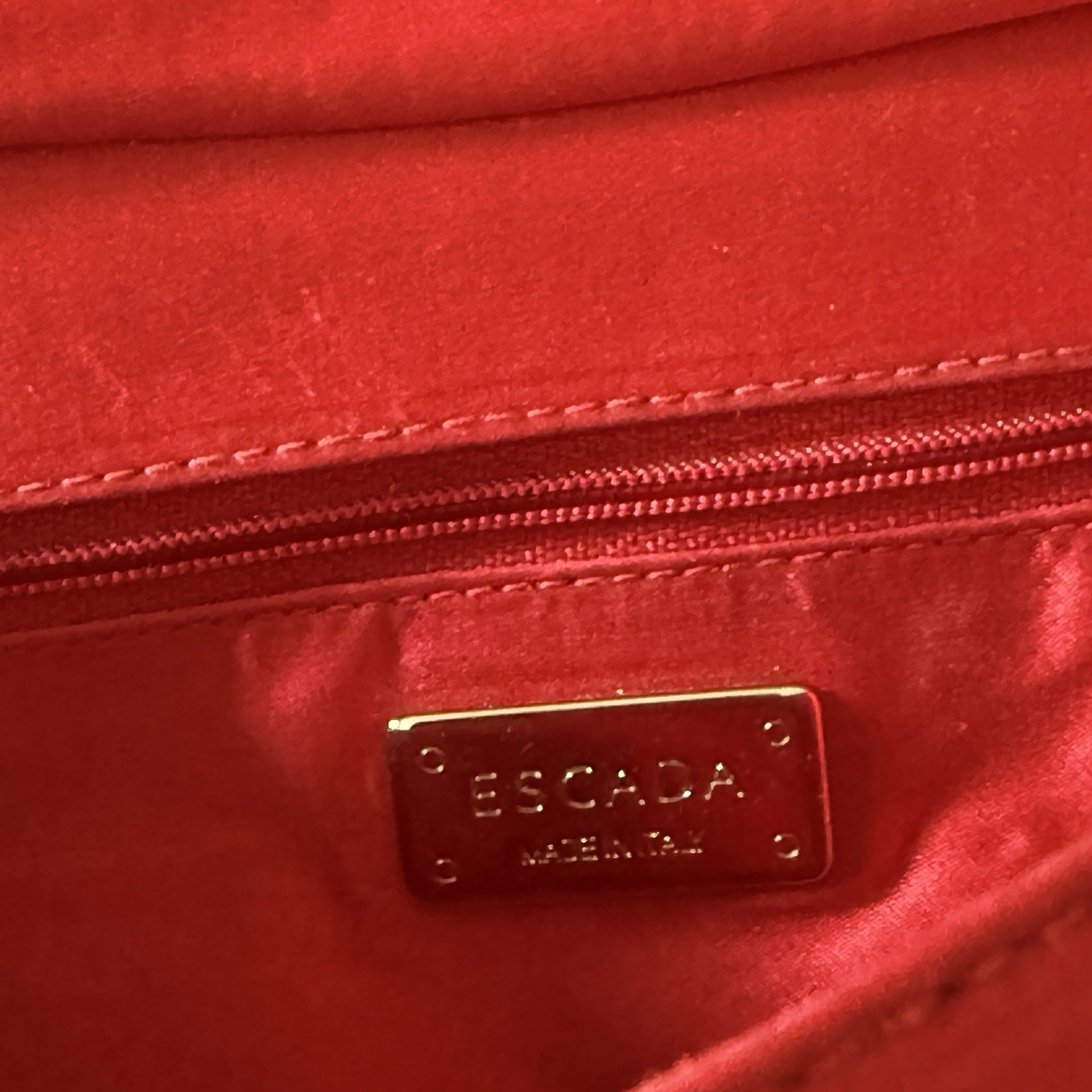 VTG Escada Red Satin Evening Bag Clutch Gold Geometric Link Chain Strap Italy
