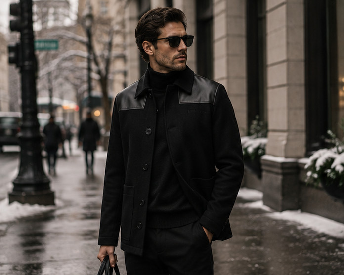 Donkey Jacket Men’s 100% Wool Genuine Black Leather Patches Winter Warm Coat