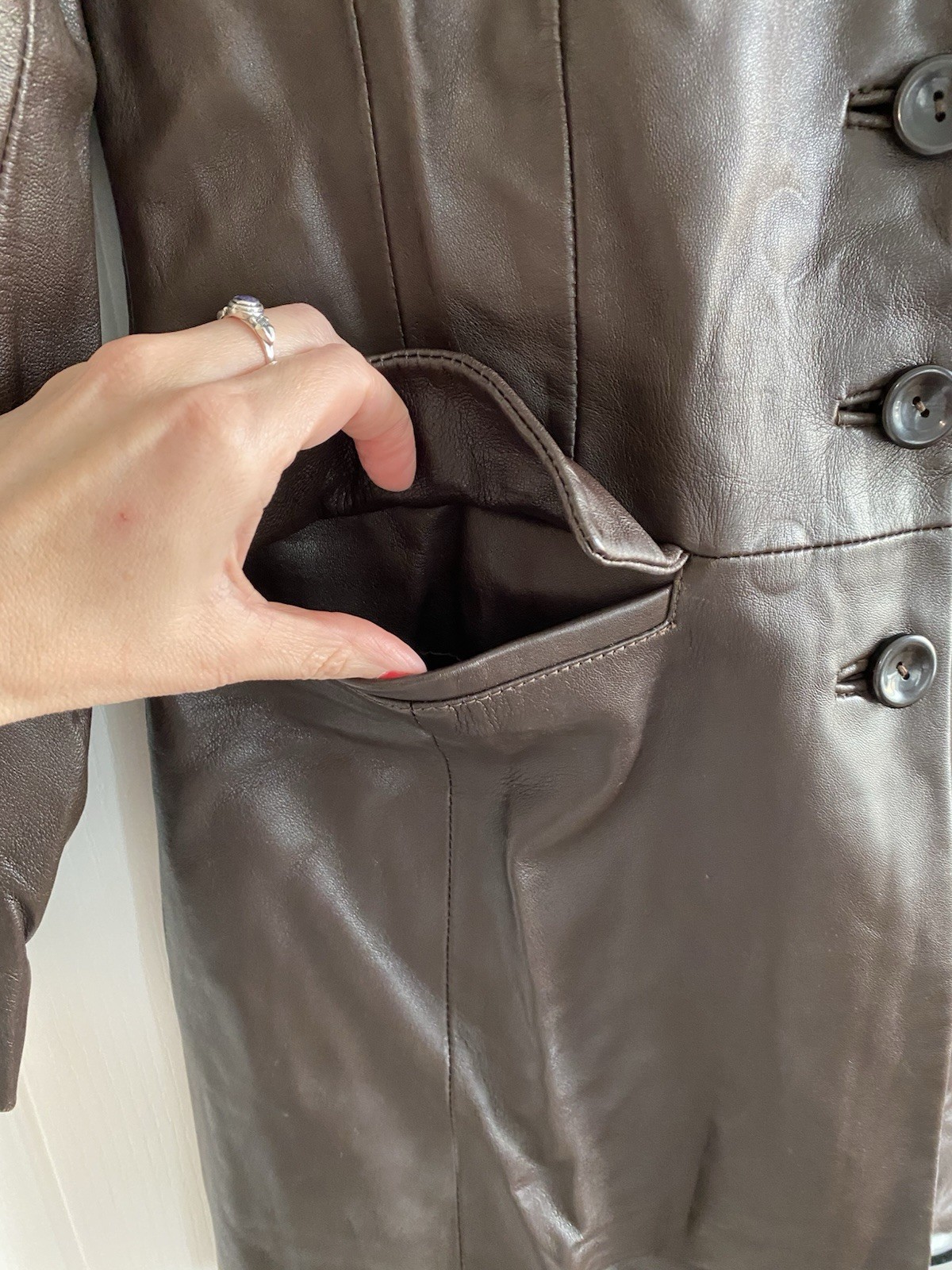 Mode Vintage Ladies Brown Leather Longline Jacket UK 10