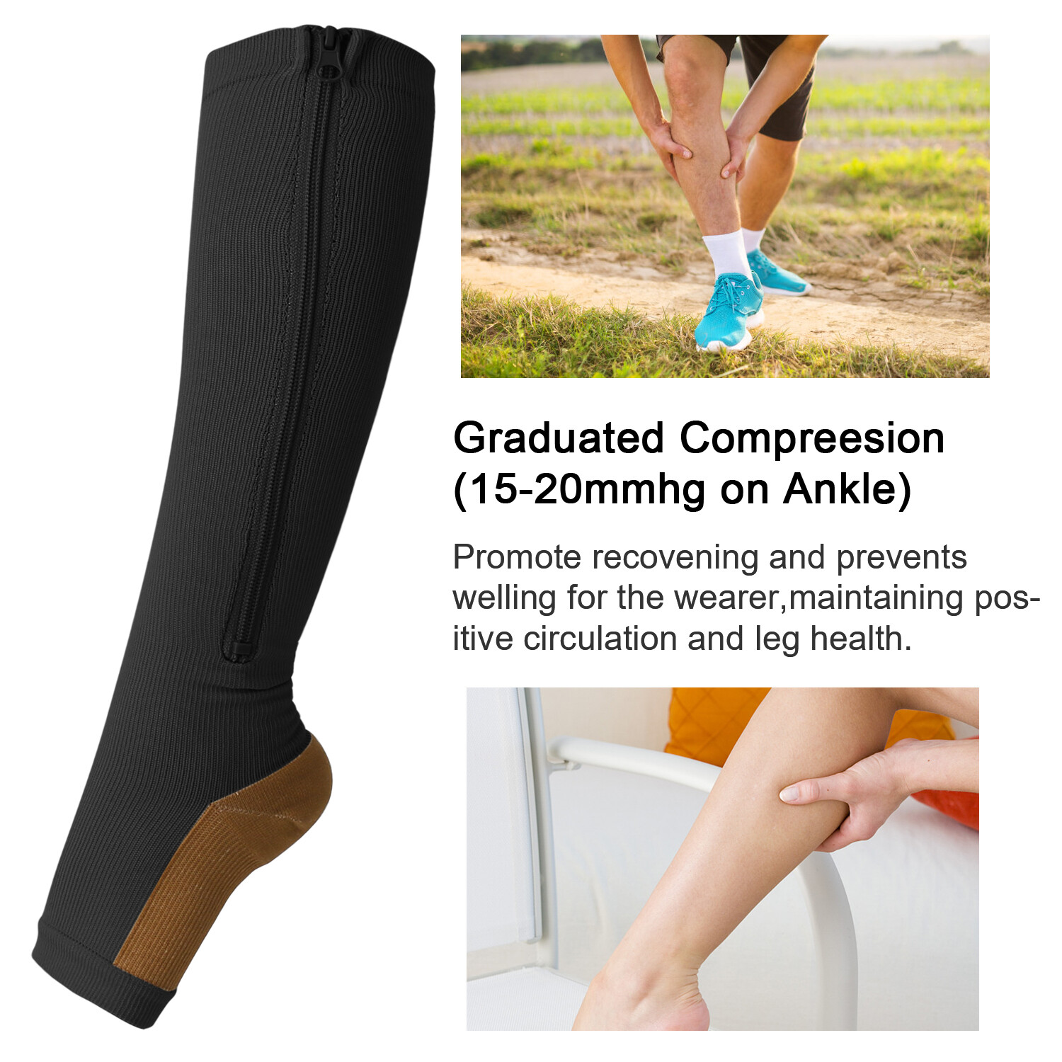 Zipper Compression Stockings – Knee High Support for Calf & Foot Pain Relief