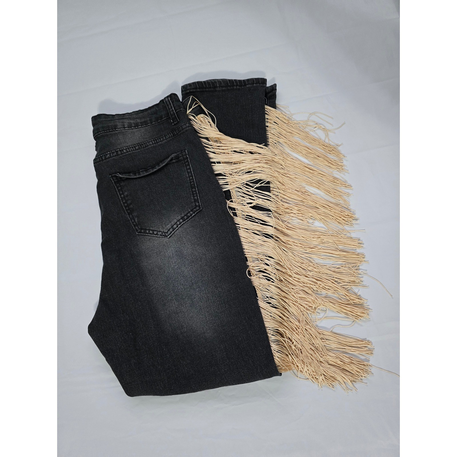 Shein Distressed Fringe Side Trim Jeans Black High Waisted Boho Ripped Denim M