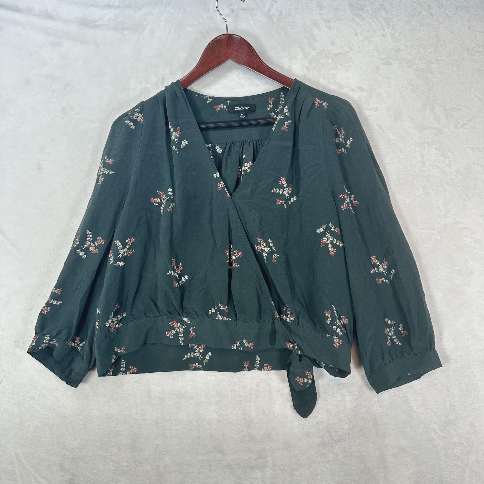 Madewell Top Womens XL Green Floral Silk Wrap Blouse Long Sleeve V Neck Peplum
