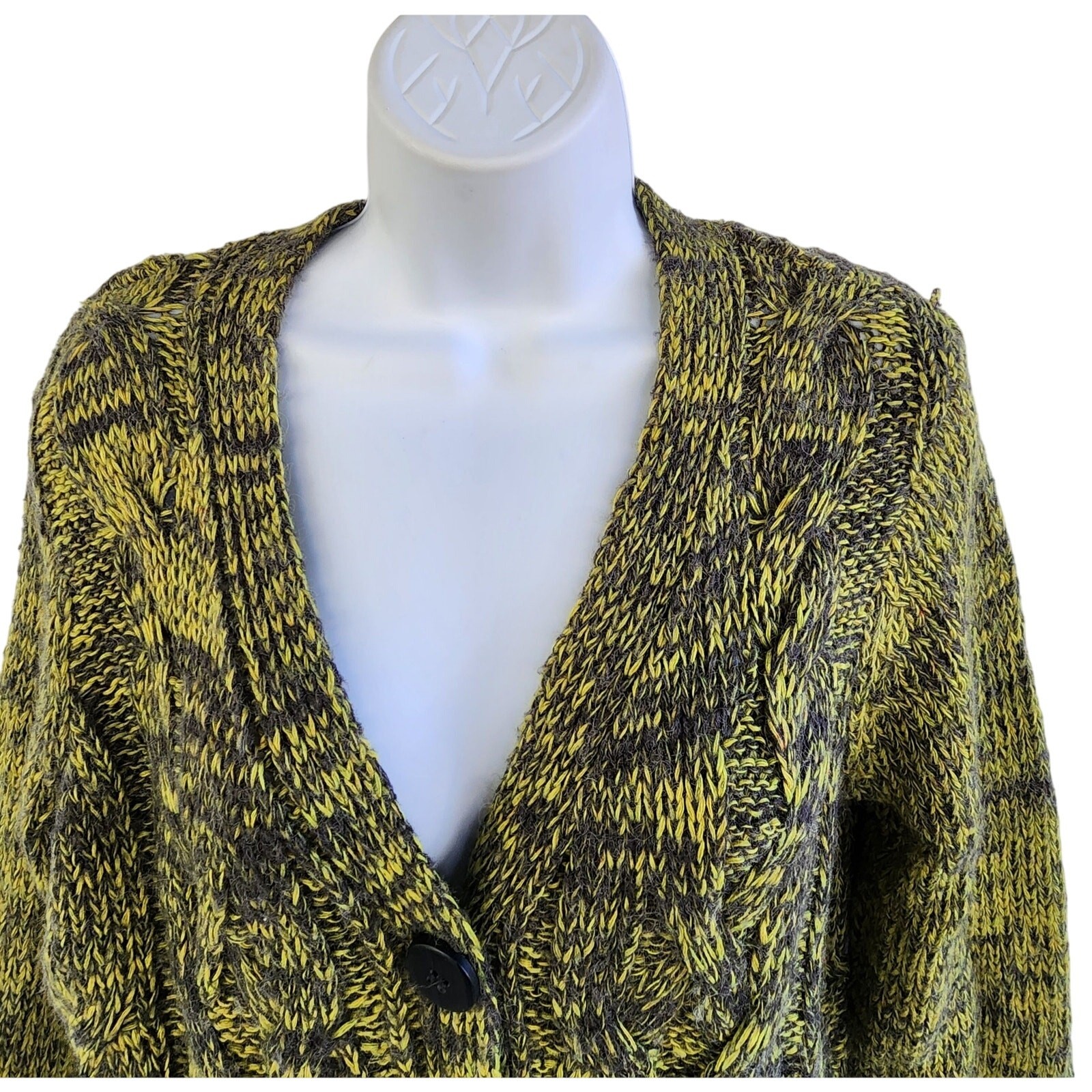 Carole Little Chunky Cable Knit Cardigan Sweater L Marled Olive Green Wool Blend