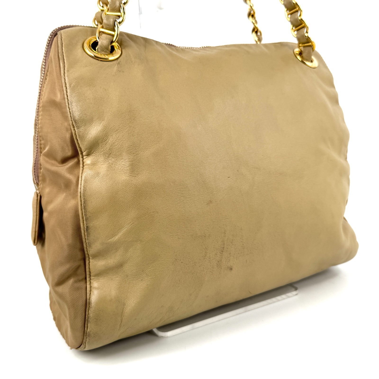 PRADA Double Chain Leather Shoulder Bag Embossed Authentic Beige From Japan