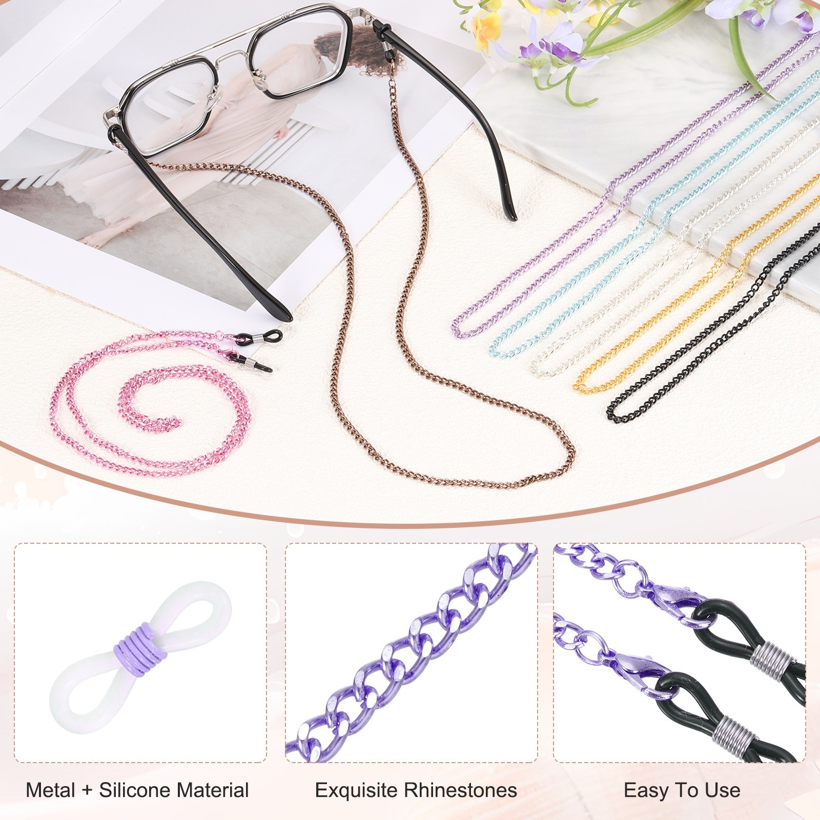 Glasses Chain, 75cm Metal Eyeglasses Strap with 6 Ends for Women, Purple