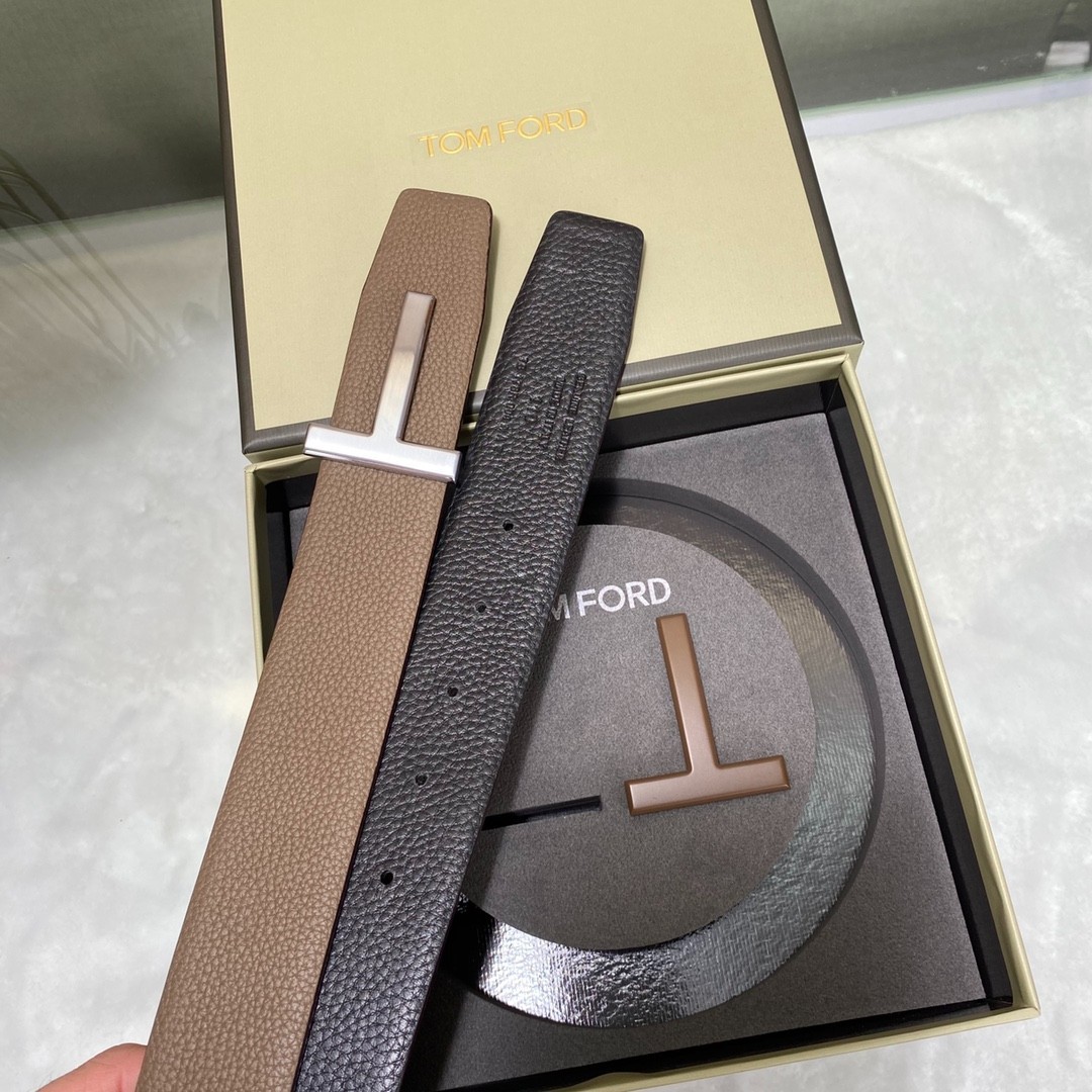 Tom Ford Mens T Logo Brown/Black Leather Dress Belt S.S. Buckle