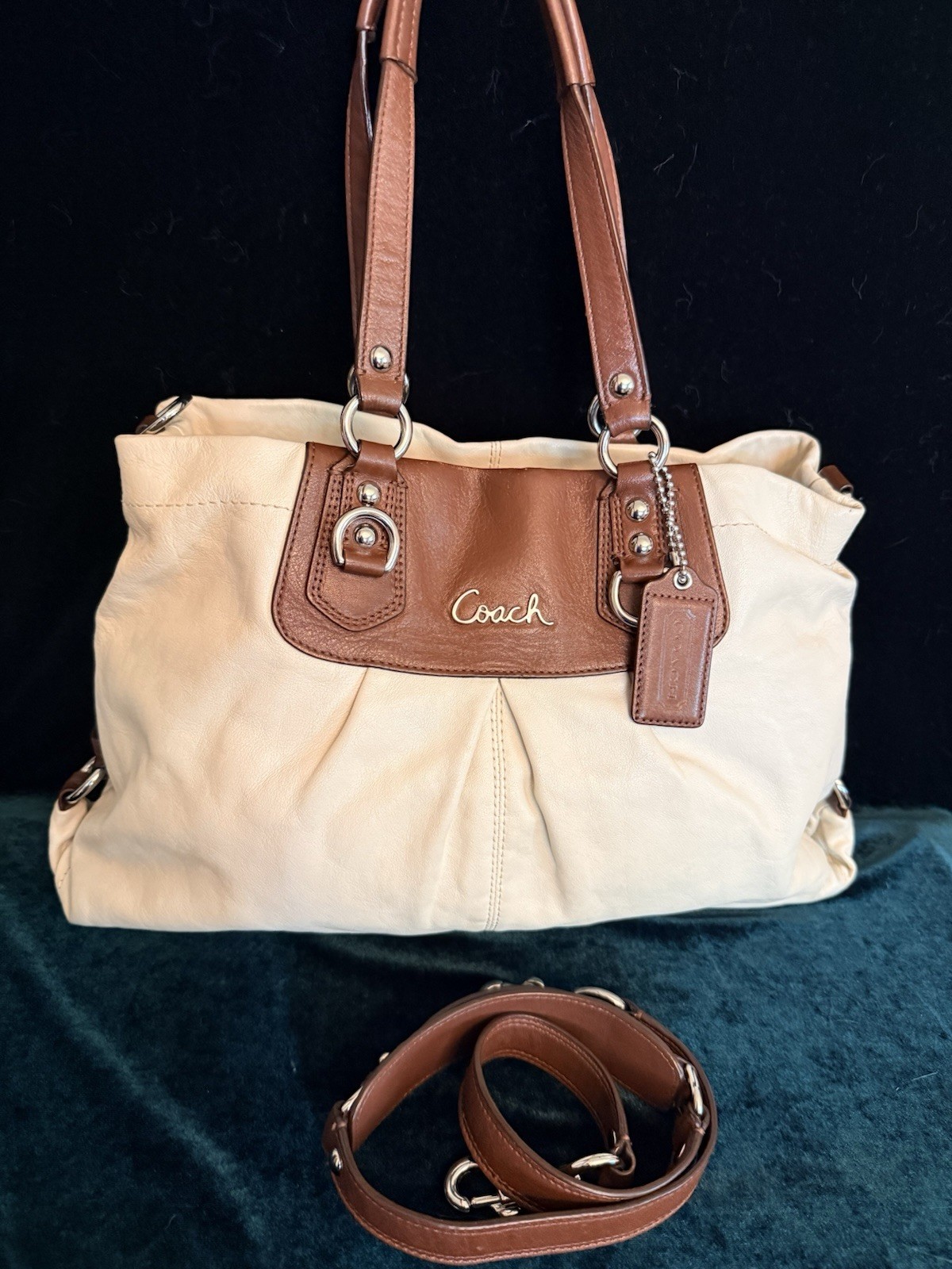 Authentic Coach Ashley Tote in Beige w/Brown Leather Trim