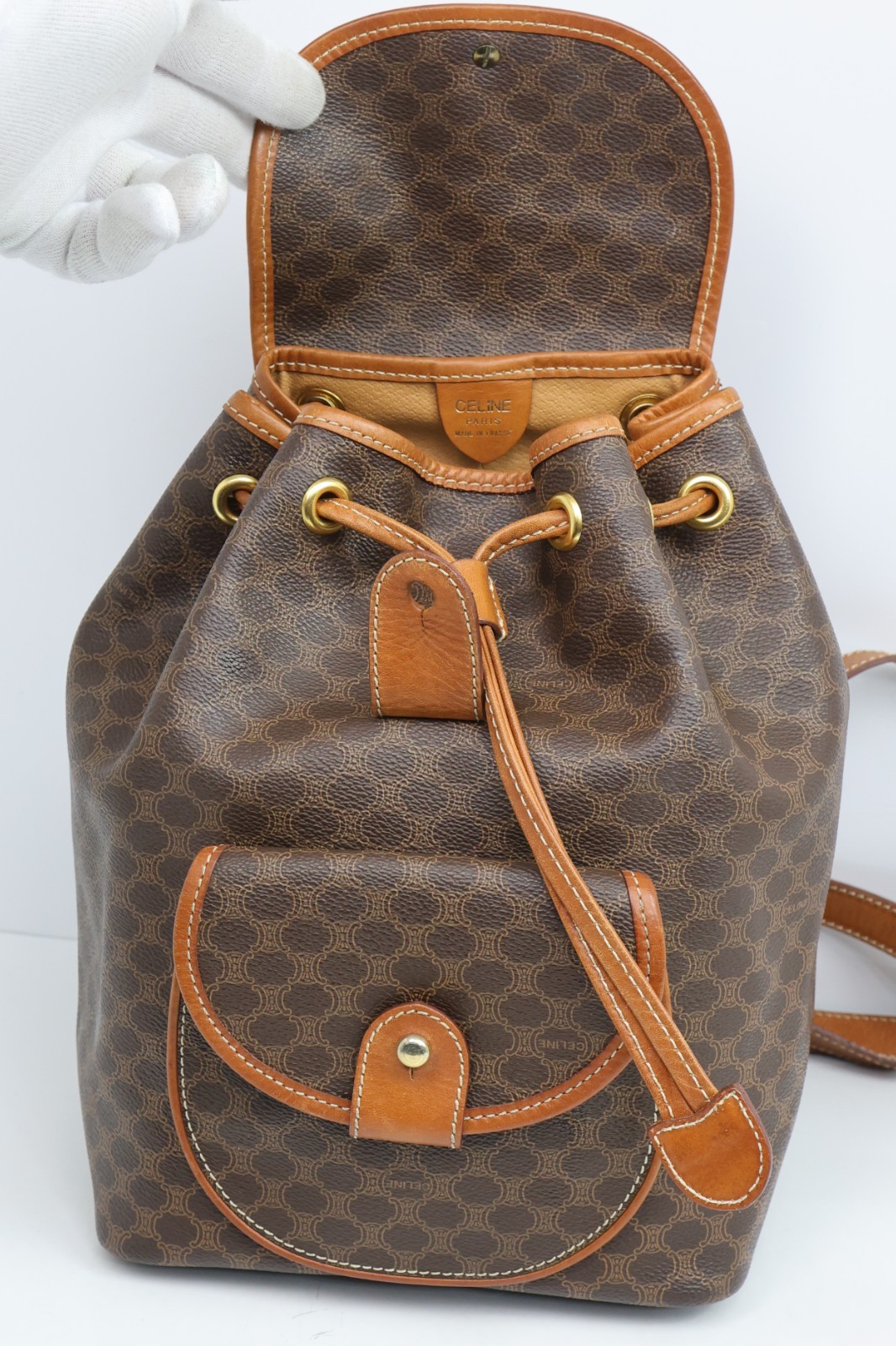 Authentic CELINE Macadam Canvas Backpack Brown PVC Leather Vintage Bag France