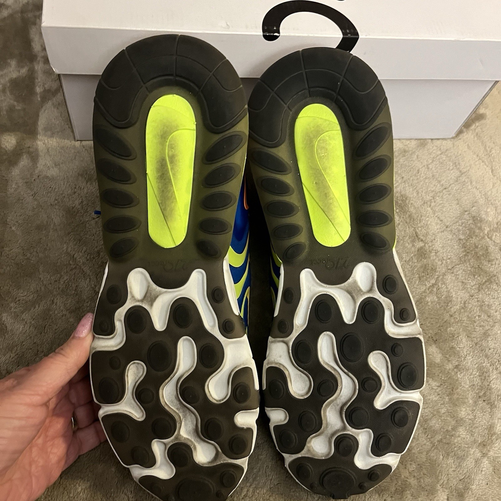 Size 11 – Nike Air Max 270 React ENG Blue w electric yellow & orange