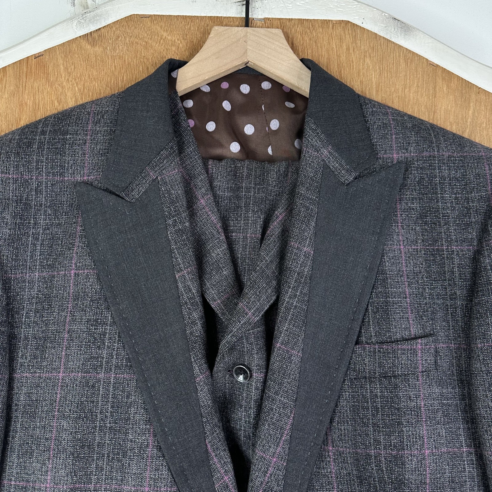 Tiglio Rosso Suit Mens 42R Gray Windowpane 1 Button Wool Super 150 34×28 3 Piece