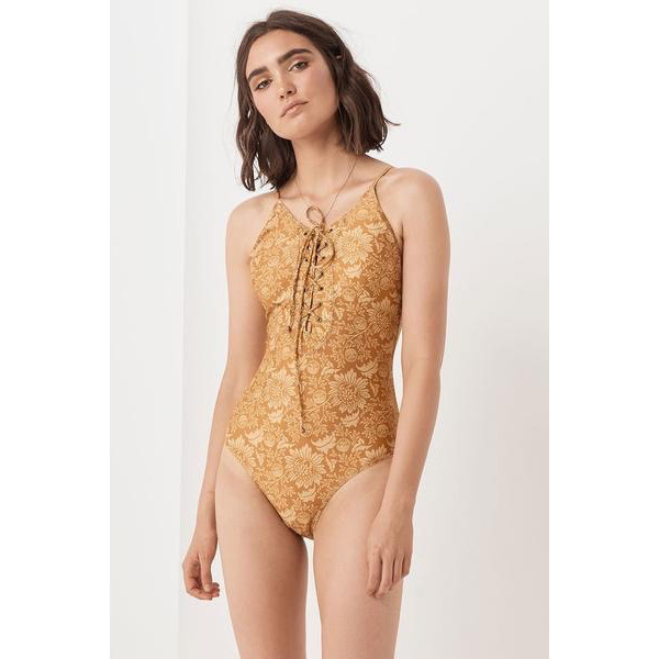 Spell & The Gypsy women size S Lioness One Piece lace-up neck swimsuit Caramel