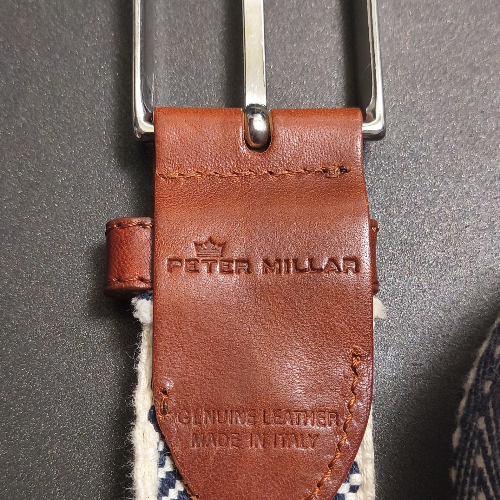 Peter Millar Men’s Belt Size 40 Brown Blue/White Geometric 1.5in Buckle Italy