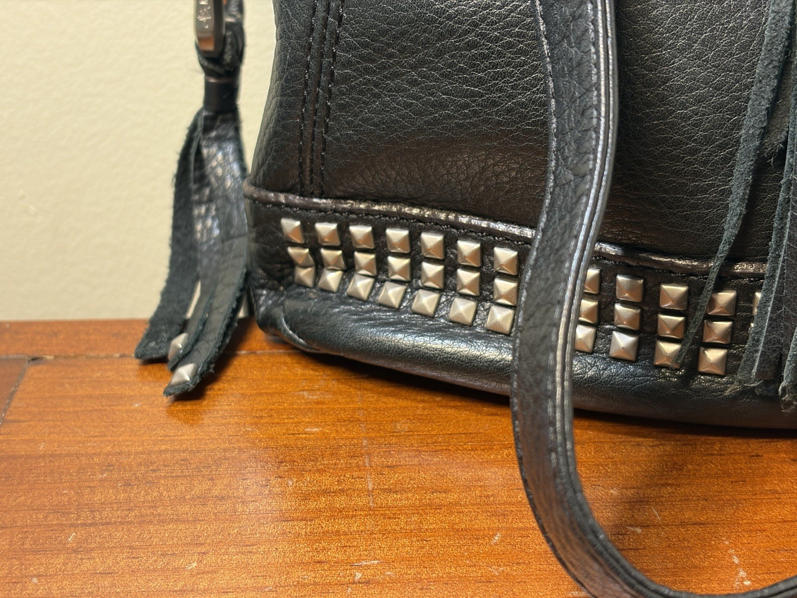 B. Makowsky Black Leather Fringe Studded Hobo Crossbody Bag Luxury Black NEW
