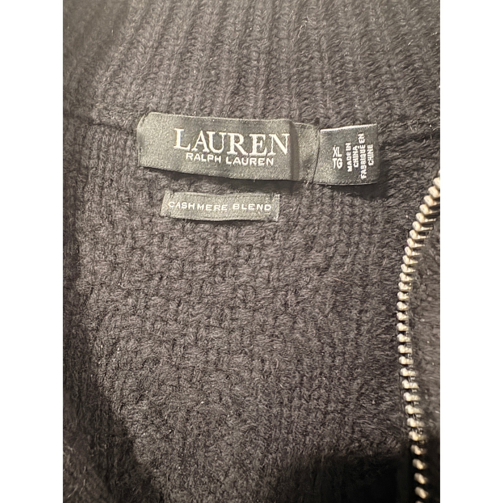 Lauren Ralph Lauren Black Wool Cashmere Cable Knit Quarter Zip Sweater Womens XL