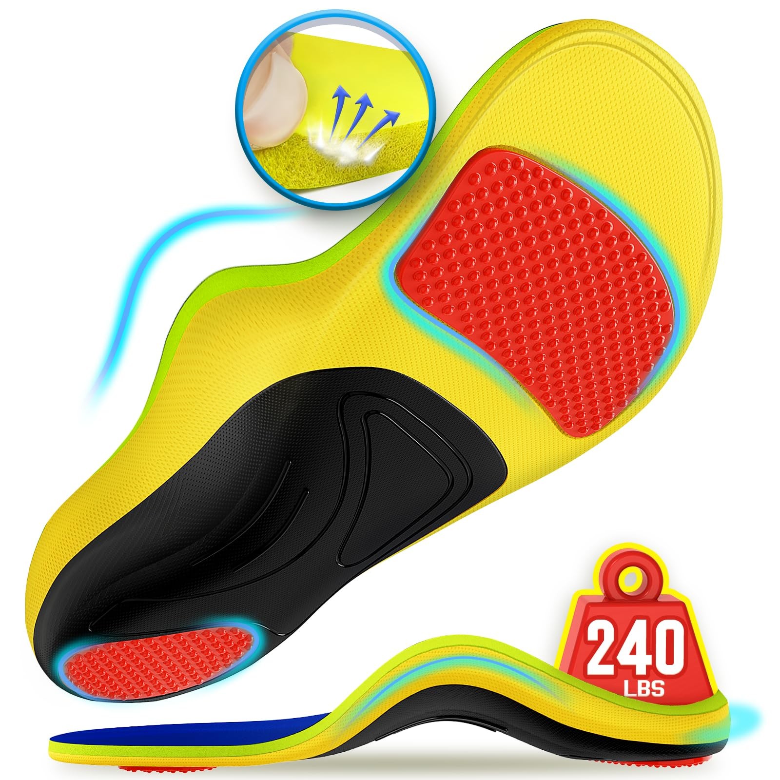 240+lbs Plantar Fasciitis Relief Insoles Men Women, 100% Memory Foam Comfort …
