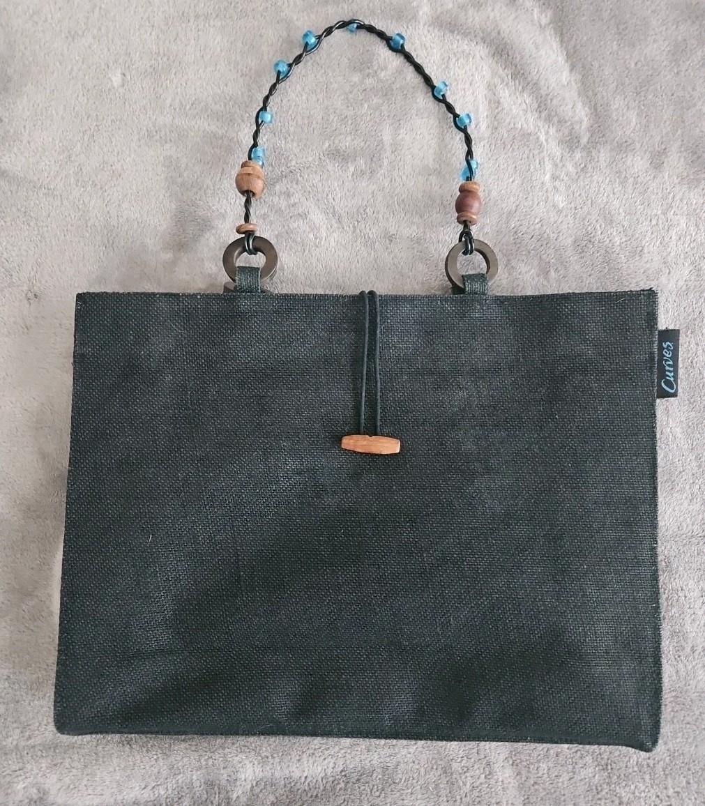Curves Black Tote Bag With Beaded Straps Made In India