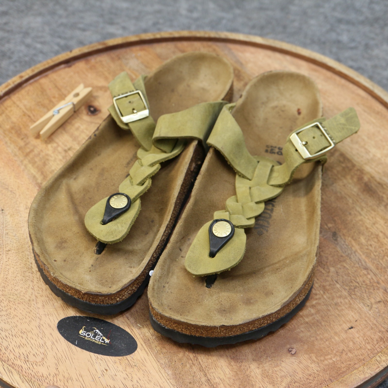 Birkenstock Gizeh Braided Olive Green Leather Sandals Womens Size 38 US 7 Reg.