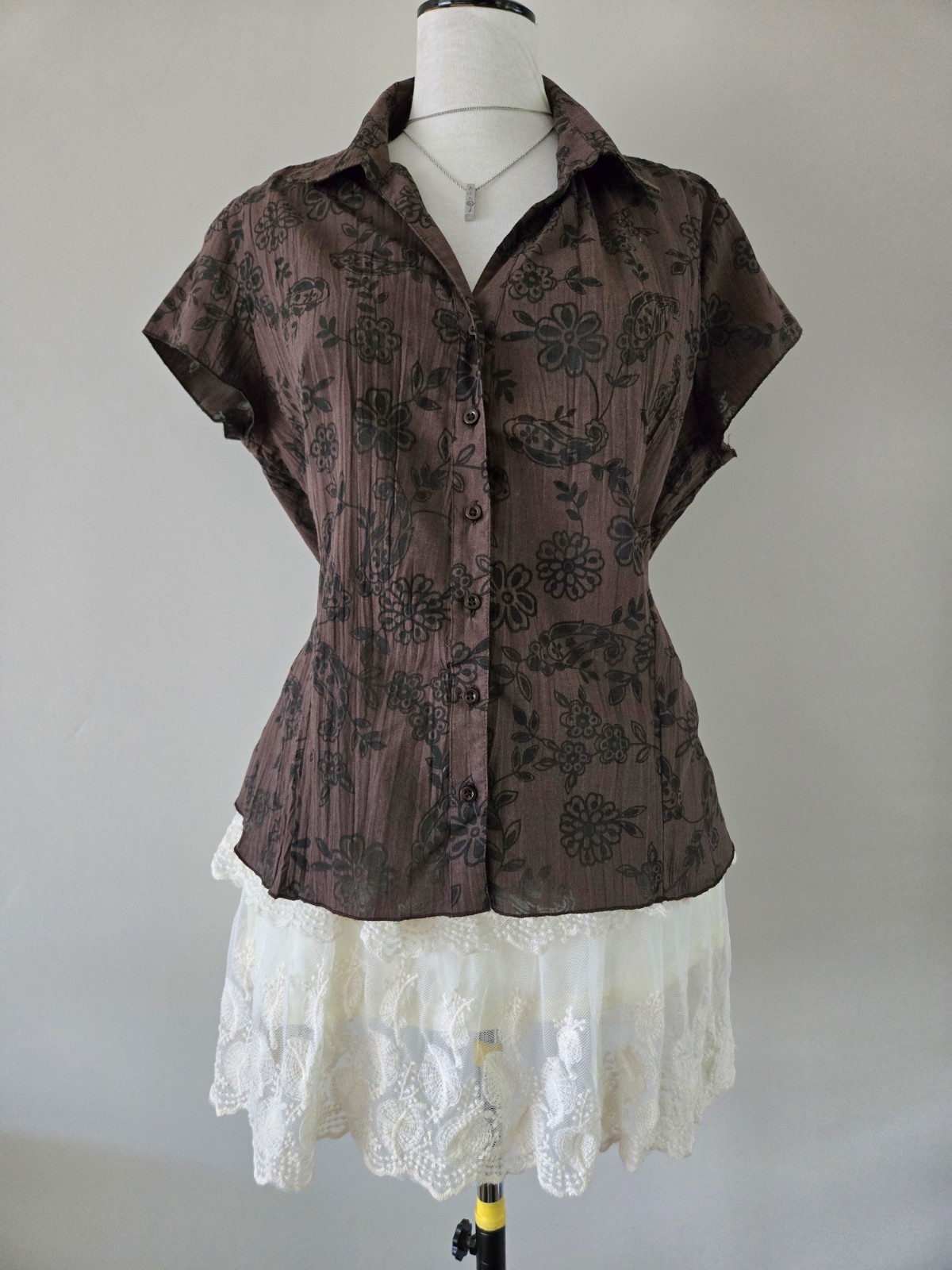 Debenhams Petite Floral Blouse UK 18 Y2K Boho Brown Crinkle Button Up