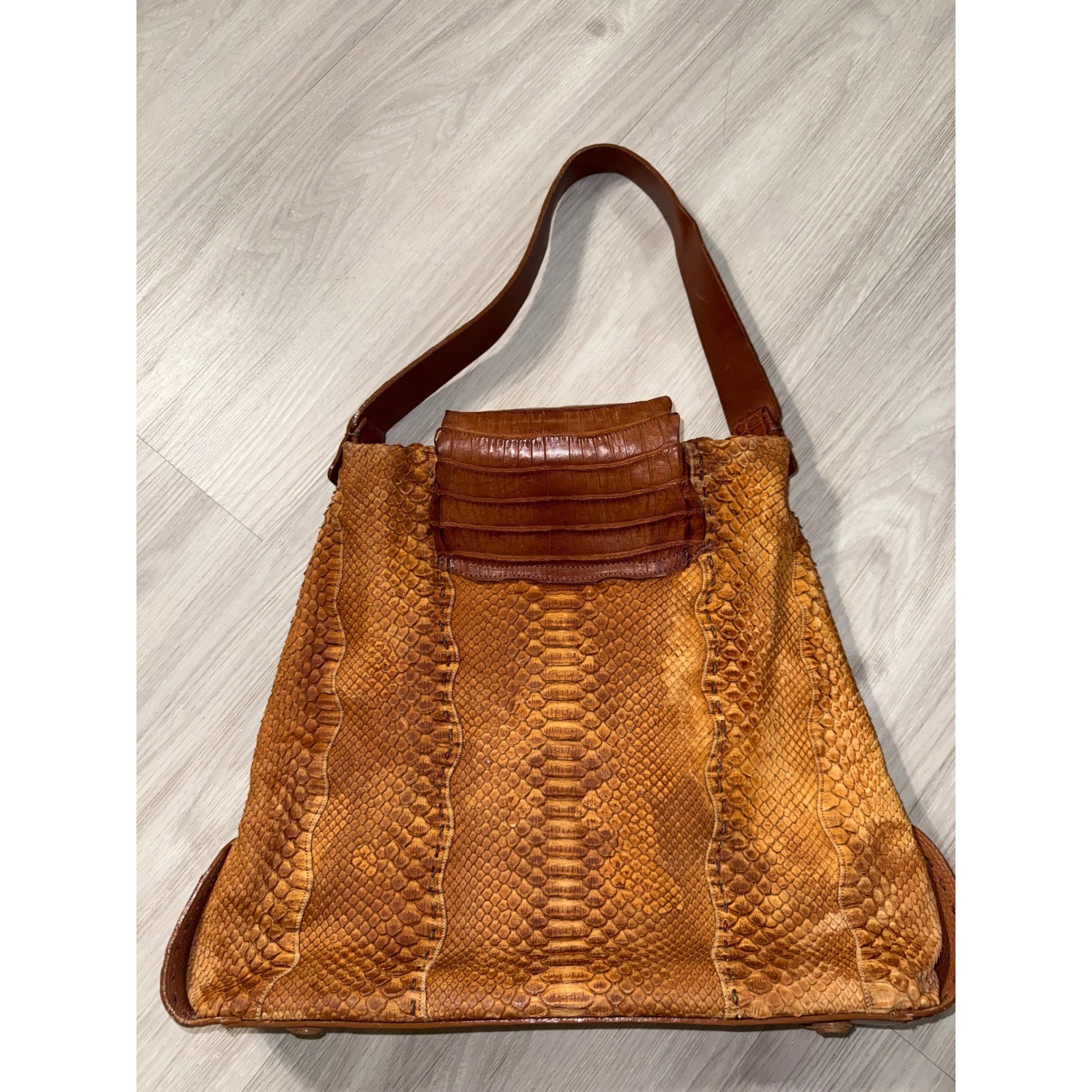 Carlos Falchi Python Crocodile Patchwork Tote Bag Brown Exotic Leather Handmade
