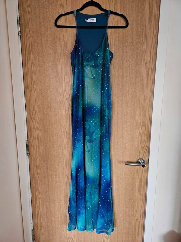 Finesse Naya Blue Printed Ombre Mesh Summer Maxi Dress