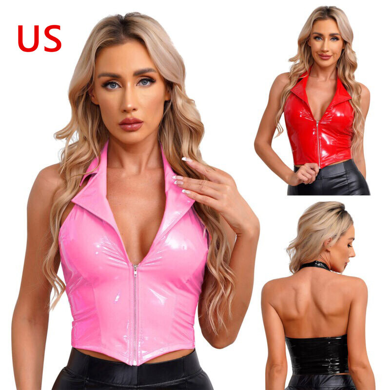 US Women’s Backless PVC Leather Crop Top Wet Look Vest Clubwear Party Clothes