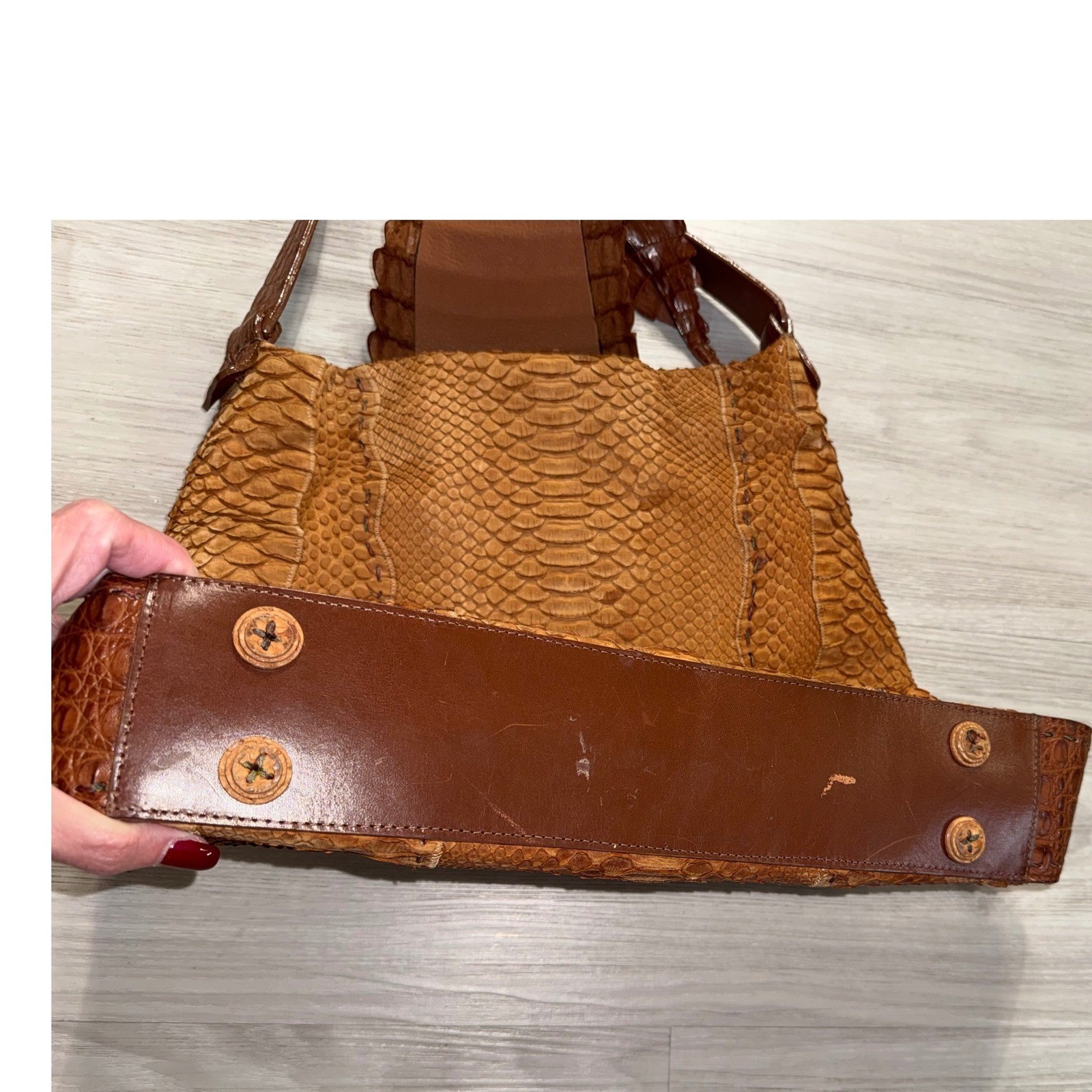 Carlos Falchi Python Crocodile Patchwork Tote Bag Brown Exotic Leather Handmade