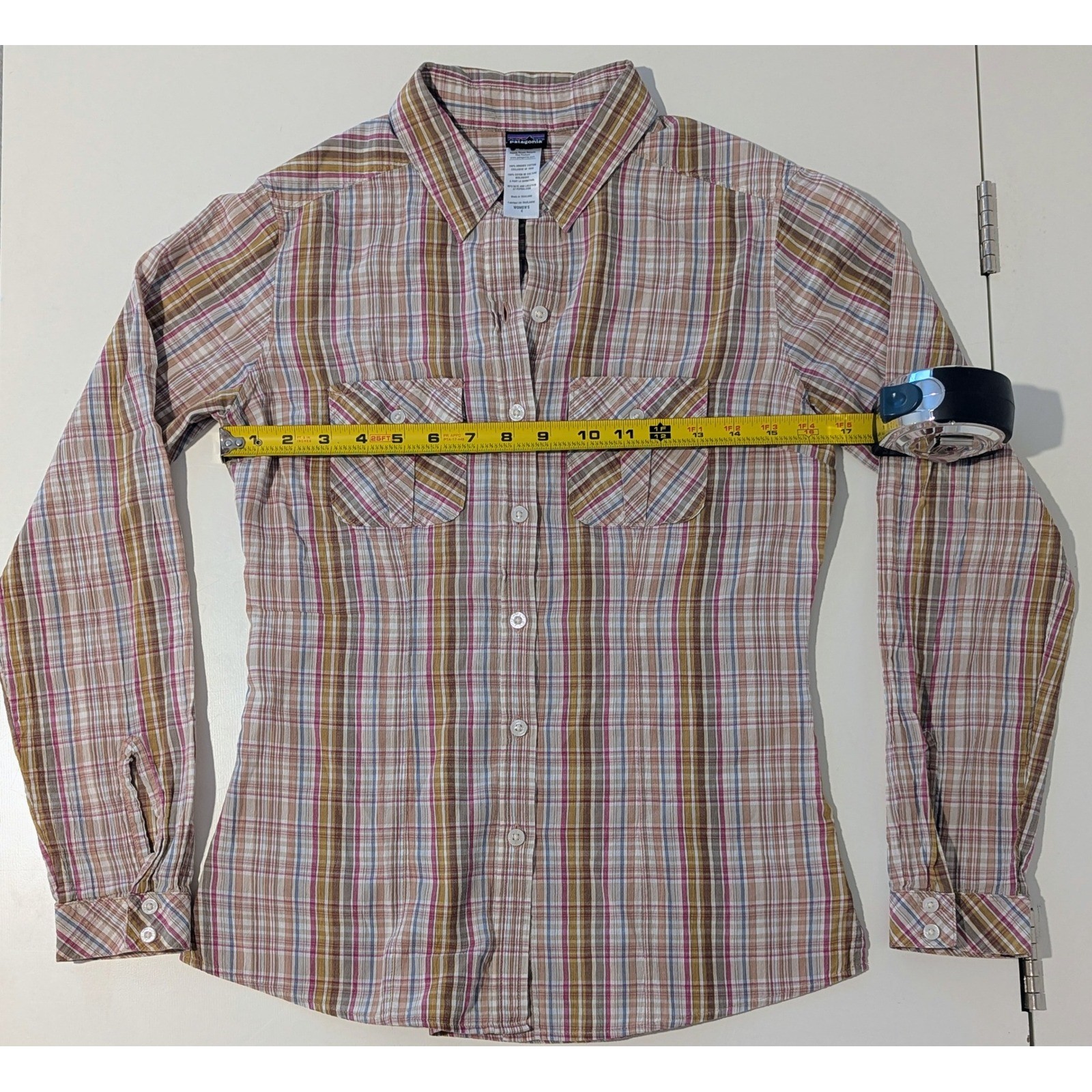 Patagonia Womens Organic Cotton Plaid Button Down Shirt Pink Yellow Blue Size 4