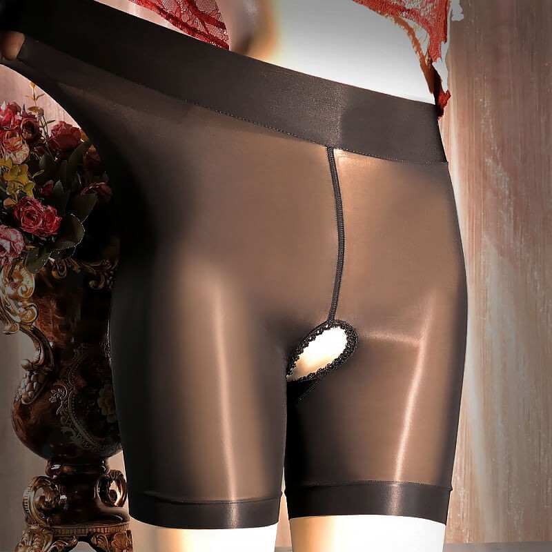 Women’s Sheer Open Crotch Boyshorts Underwear Shiny Glossy Panties Boxer Shorts