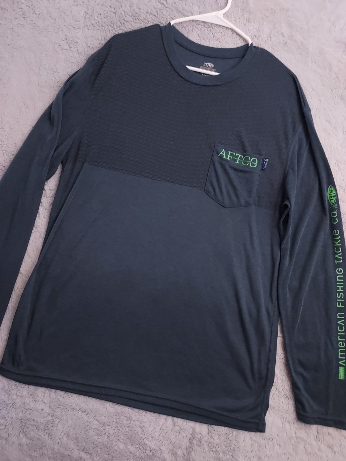 AFTCO Aftech Shirt Mens Extra Large Blue Spellout Sleeve Fishing Outdoor Beach