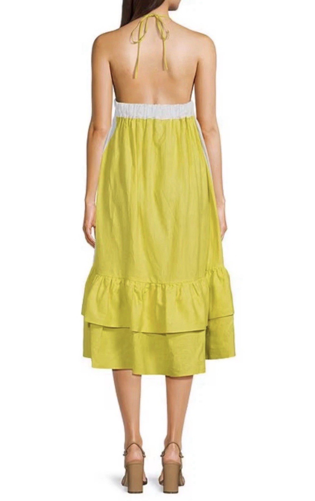 Fanm Mon Large Linen Yamile Floral Embroidered Halter Midi Dress Mustard Lime