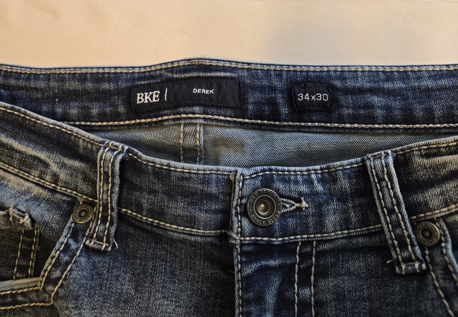 BKE Derek Jeans Men 34×29** Blue Denim Straight Leg Cowboy Thick Stitch