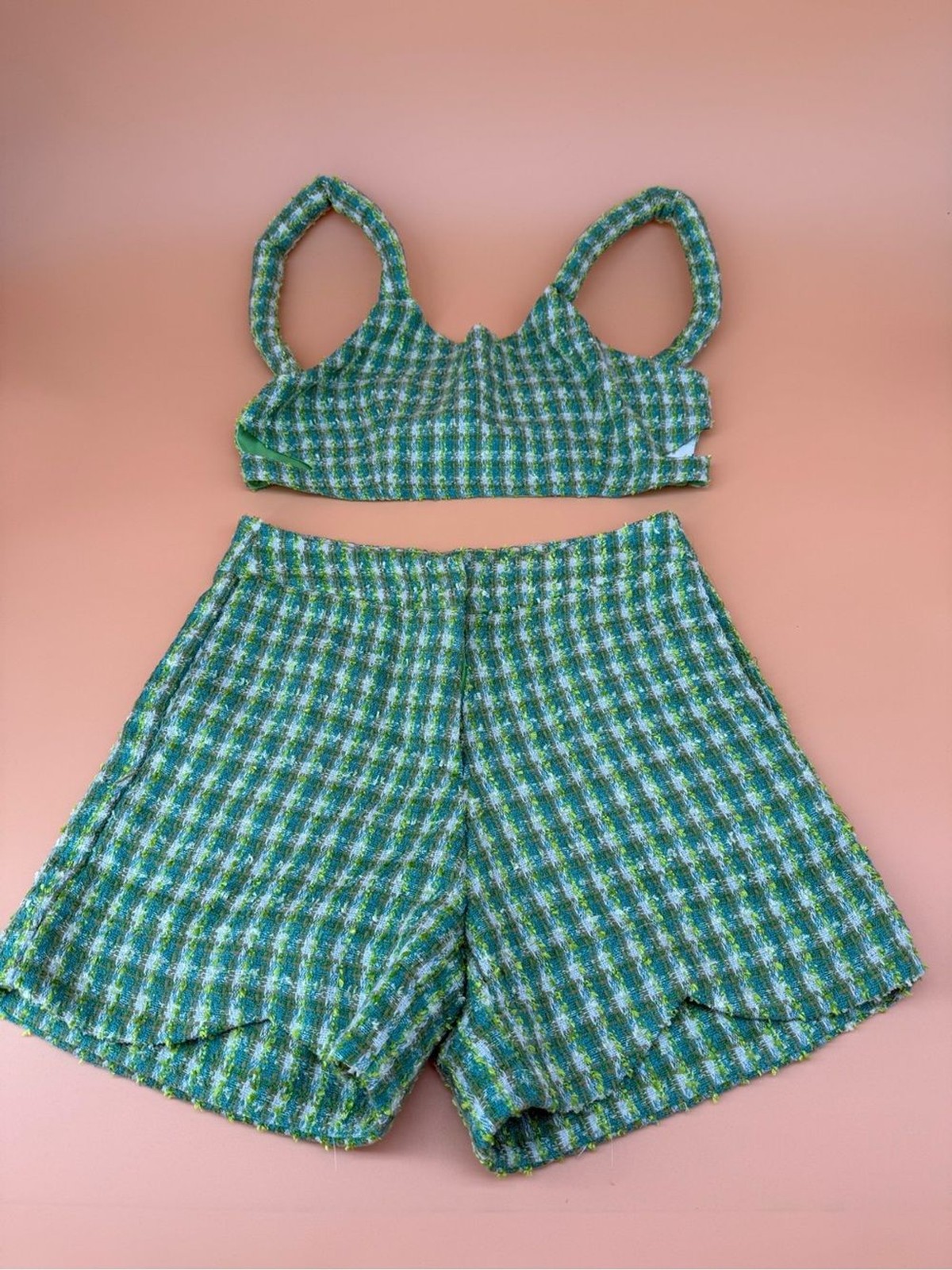 Brazilian Boutique Brand Aesthetic Green Tweed Crop Top and Shorts Set