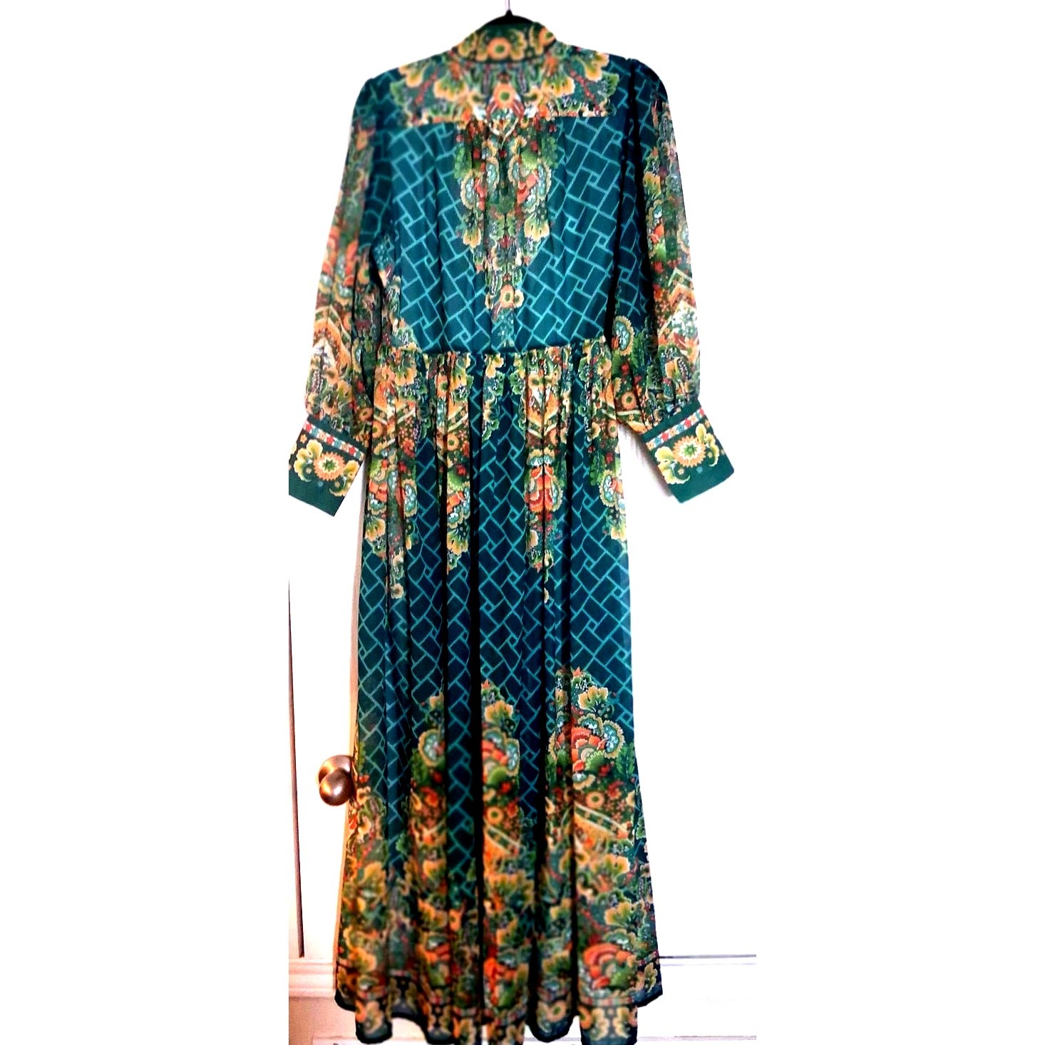 Dalia MacPhee Paisley Deco Maxi Dress Mock Neck Puff Sleeve Floral Size S