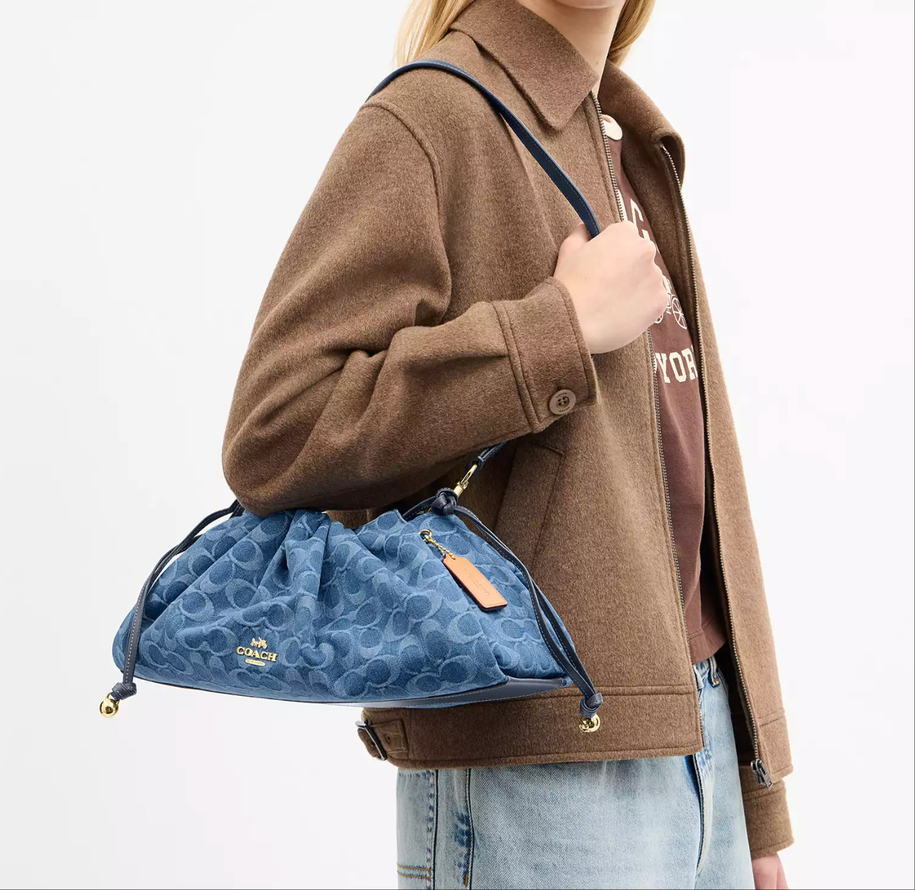 NWT Coach CDB97 Faye Large Shoulder Bag In Signature Denim Gold/Indigo