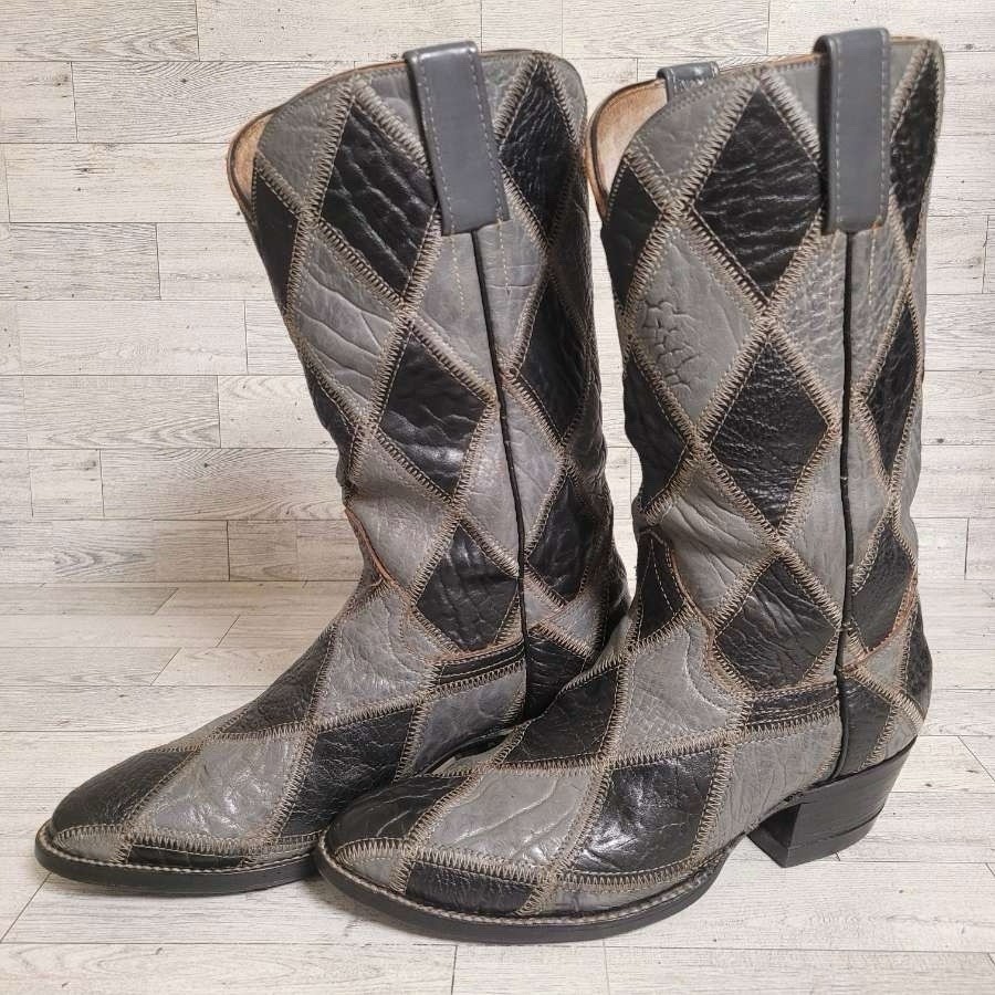 Men’s Cowtown Patchwork Black Grey Bullhide Leather Rodeo Cowboy Boots Size 7.5