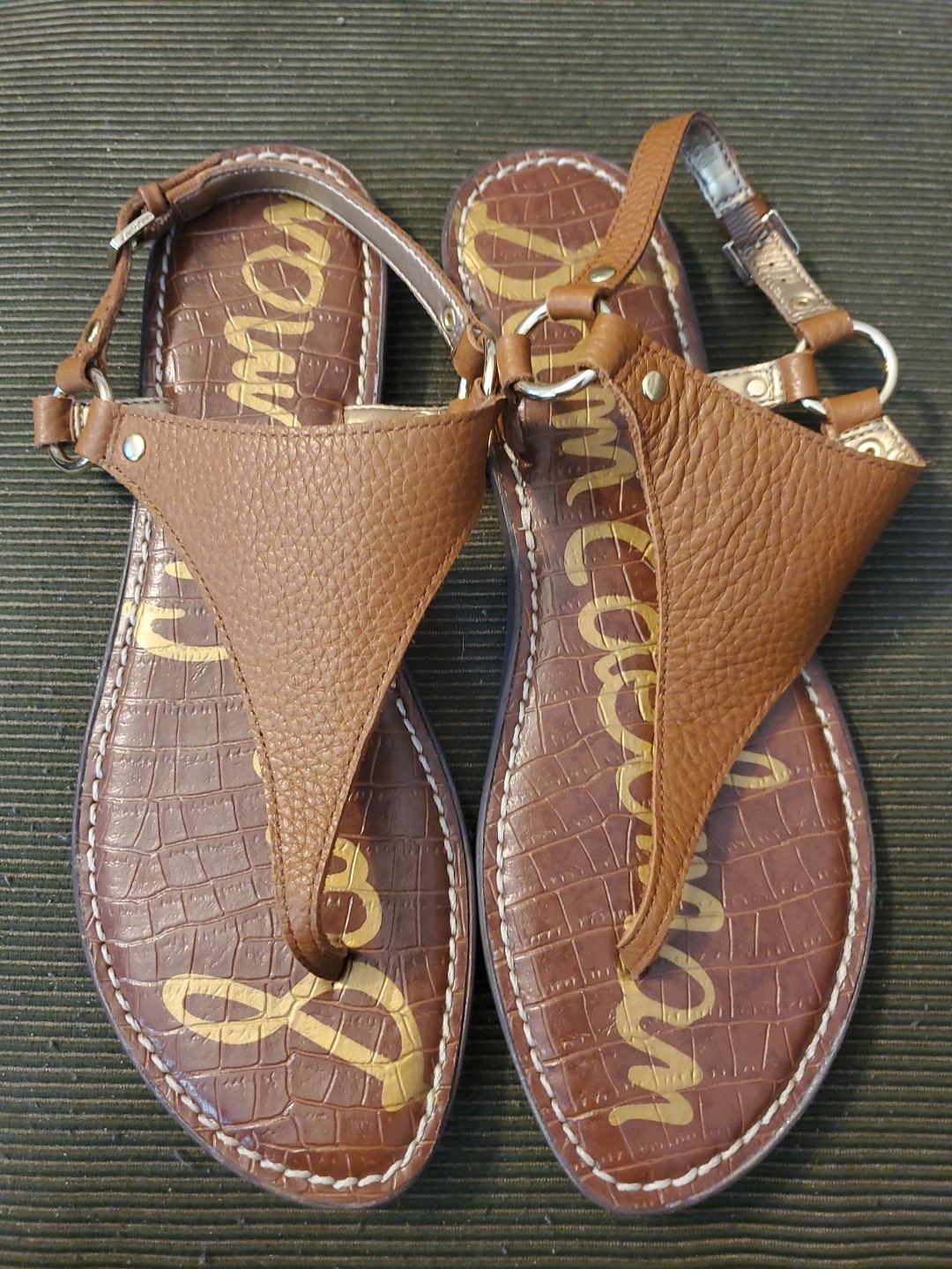 Sam Edelman Greta T-Strap Leather Thong Flat Sandals Brown Sz 9 1/2 M Buckle