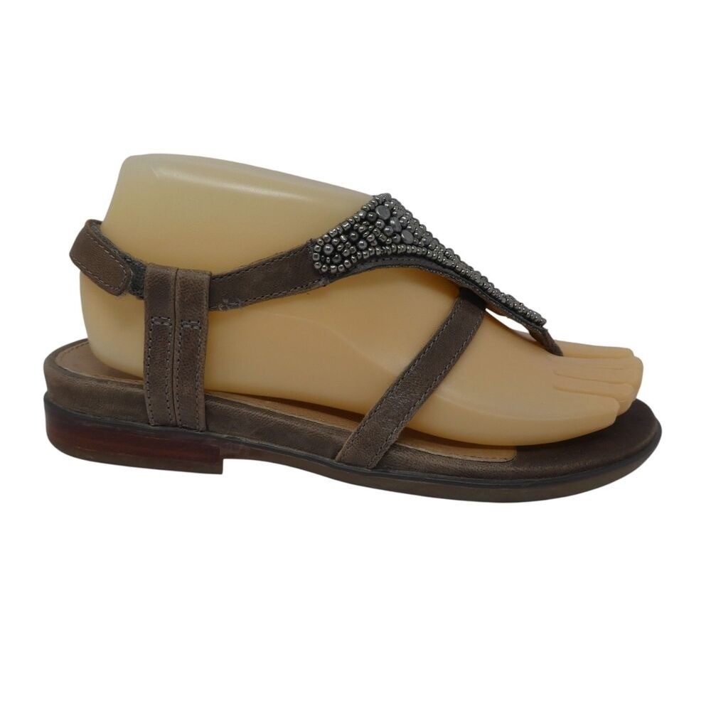 Aetrex Shiela Sandals Women 7 Black Leather Beaded T Strap Thong