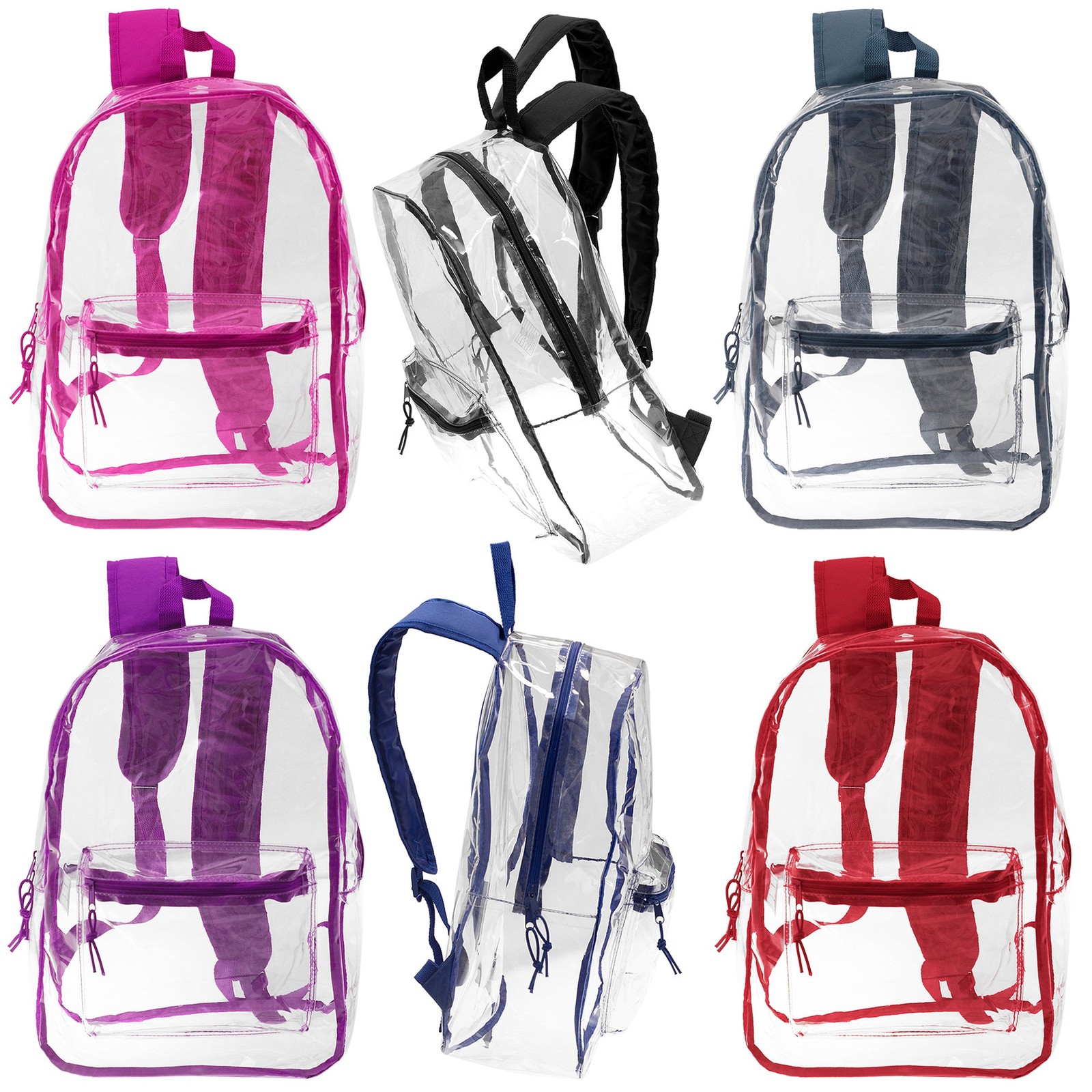 24 Pack 17″ Bulk Clear Backpacks In 6 Assorted Colors