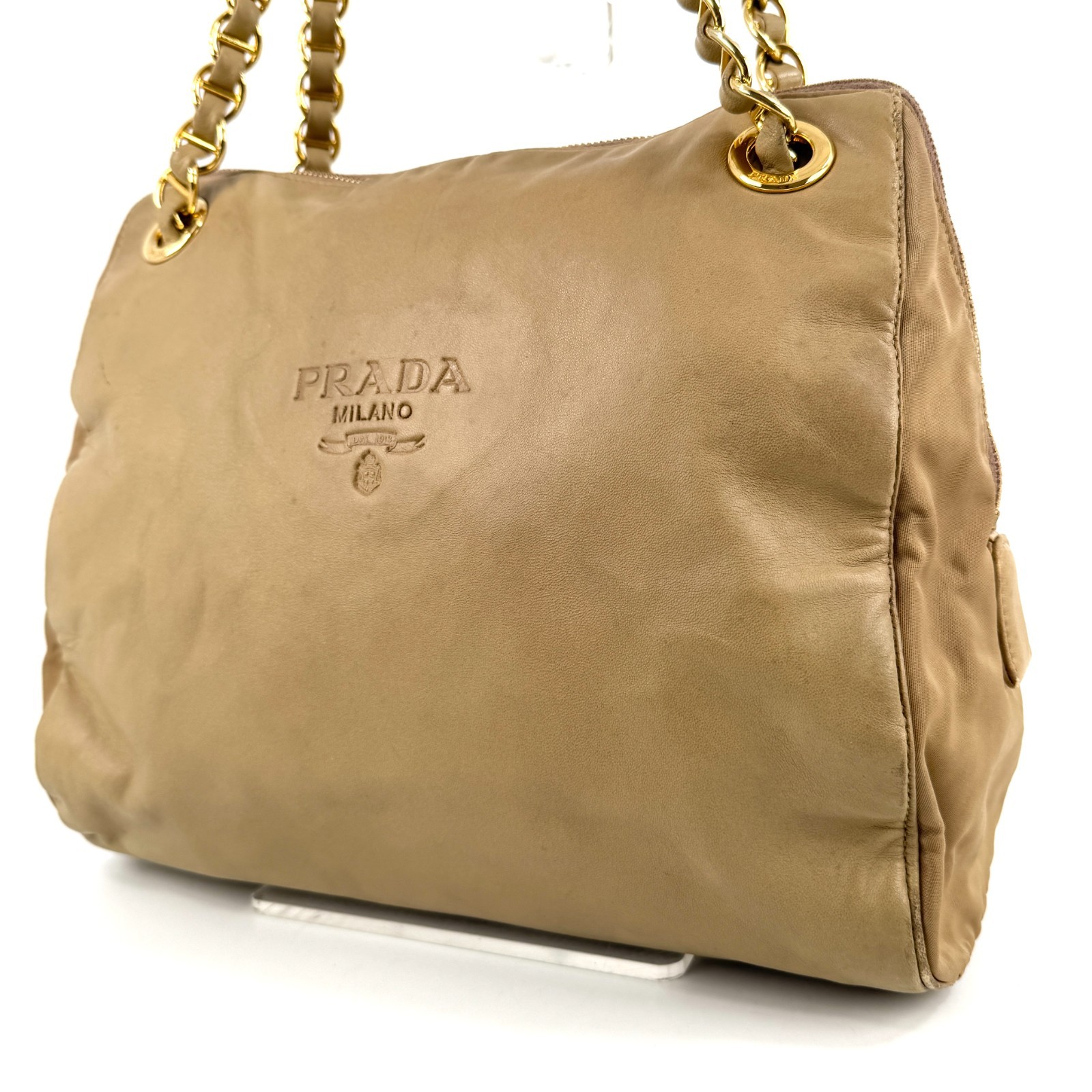 PRADA Double Chain Leather Shoulder Bag Embossed Authentic Beige From Japan