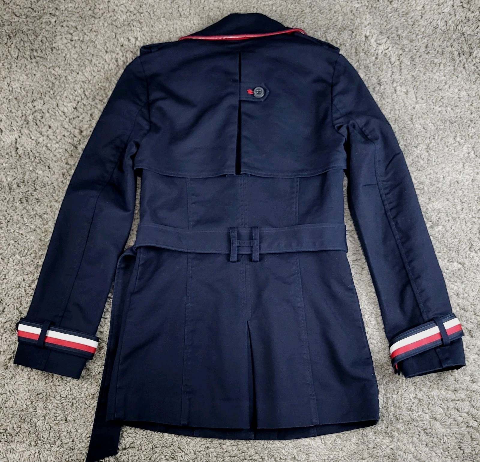 Tommy Hilfiger Coat Double Breasted Navy Blue Trench Coat Womens Medium Belted