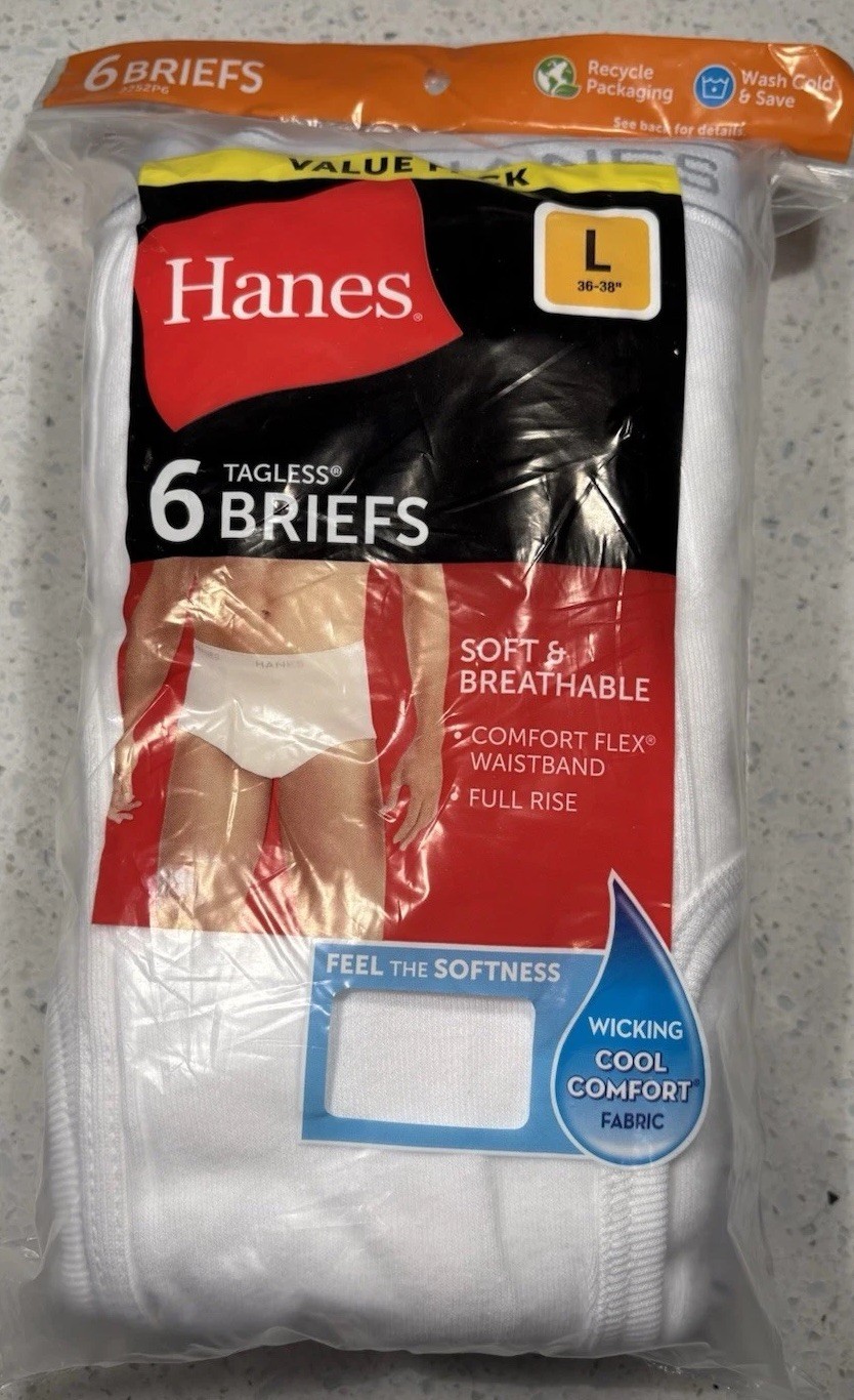 Hanes Men’s Tagless Briefs 6-Pack Large 36-38 White 100% Cotton Brand New!