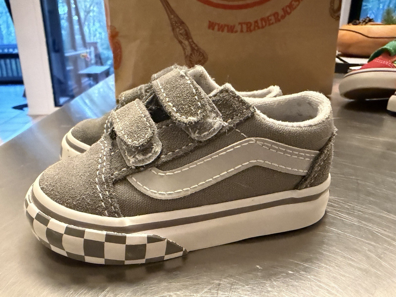 Vans Old Skool Reflective V Toddler Gray Sz 4.5 Hook & Loop Shoes Canvas Checks