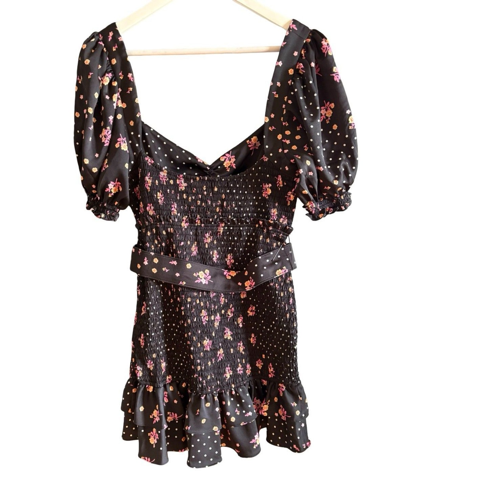 For Love and Lemons Camellia Smocked Belted Mini Dress Black Floral NWOT Sz L
